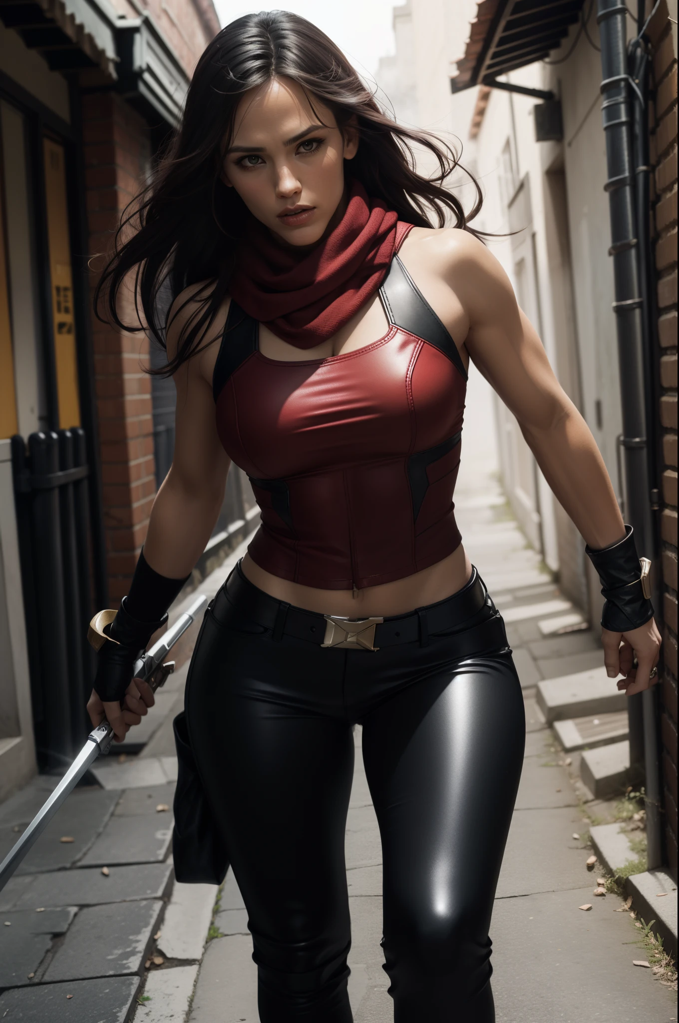 Elektra Marvel,red ninja leather uniform,super strong,muscular,photography,ultra details,HDR,UHD,8K,vivid colors,light and shadows effects,close-up shot,dynamic action poses,dramatic atmosphere,sharp focus,fierce expression,weaponry,background of a hidden alleyway,foggy ambiance, red head scarf, long black hair, red clothes