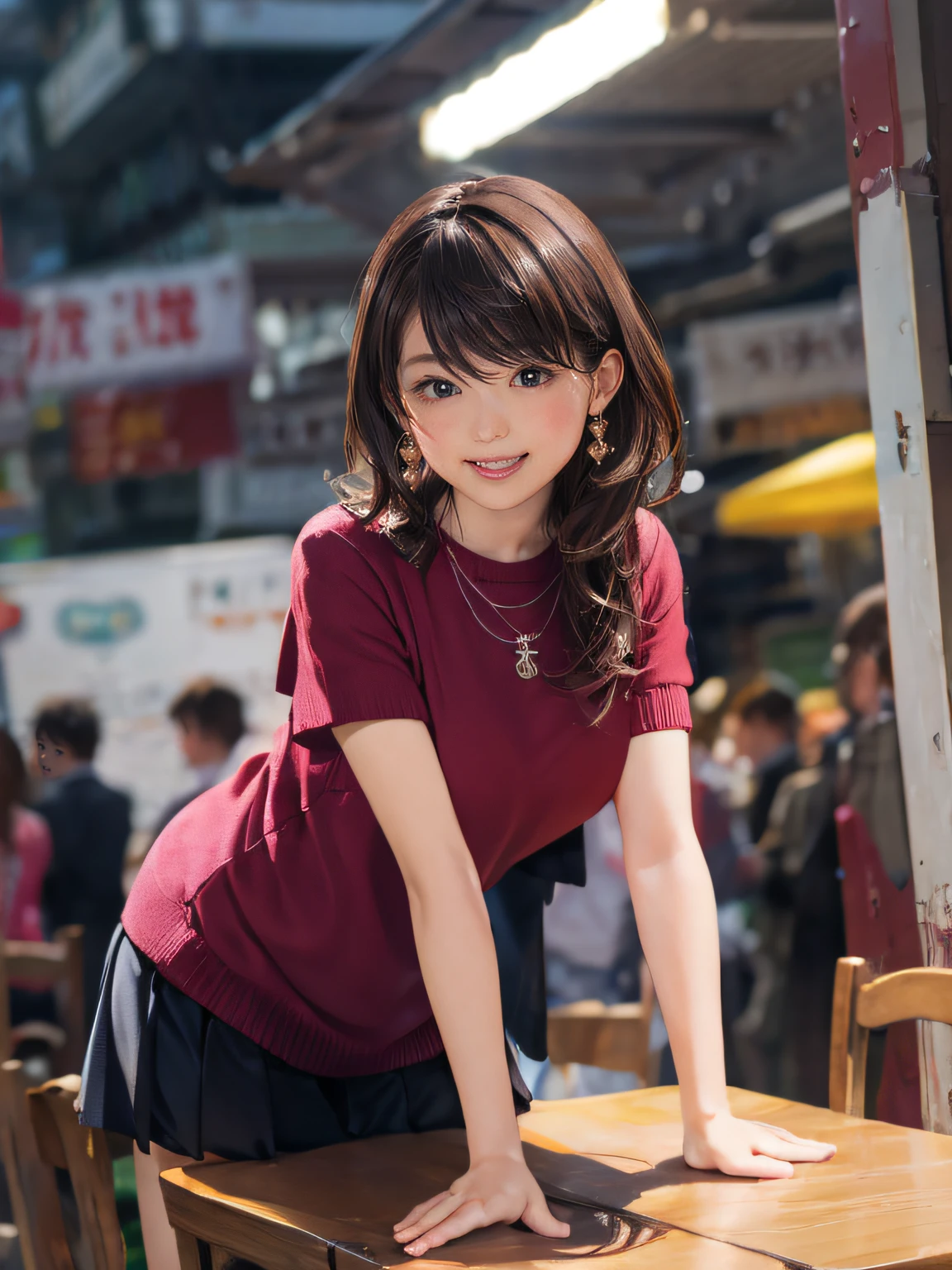 Arafed asian woman leaning on a table in a crowded area - SeaArt AI