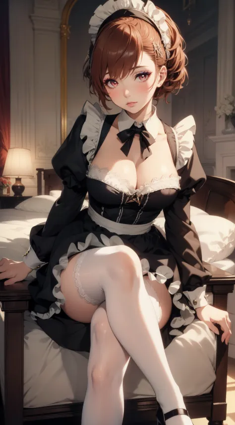 kotone, detailed lighting, beautiful, illustration, highly detailed, absurdres, looking at viewer, beautiful detailed eyes, makeup, glossy lips, lips parted, sitting, blush, chair, (mhort puffy sleeves, cleavage, maid apron, (crossing legs), high heels