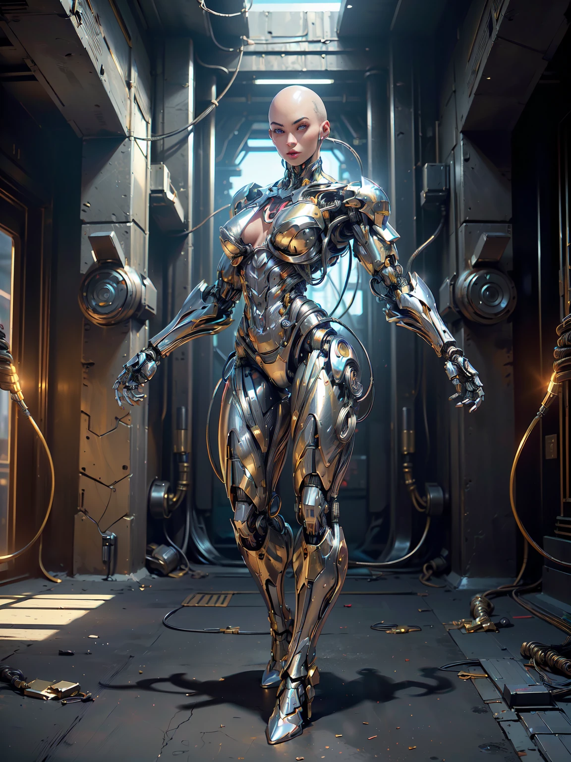 (hermoso cyborg femenino musculoso:1.25), (Megan Fox:1.5), (pose de cuerpo completo), (armadura muscular metalica:1.5), (sin cabello), (cabeza calva cubierta de cables:1.5), (físico mecánico robótico:1.5), (Cyborg femenino súper musculoso:1.5), (cubierto de cables y músculos mecánicos:1.5), (anatomía muscular androide:1.5), (Dedos perfectos:1.25),(8K, foto cruda, Fotorrealista:1.25), atmósfera de ciencia ficción, distopía futurista, paisaje alienígena,