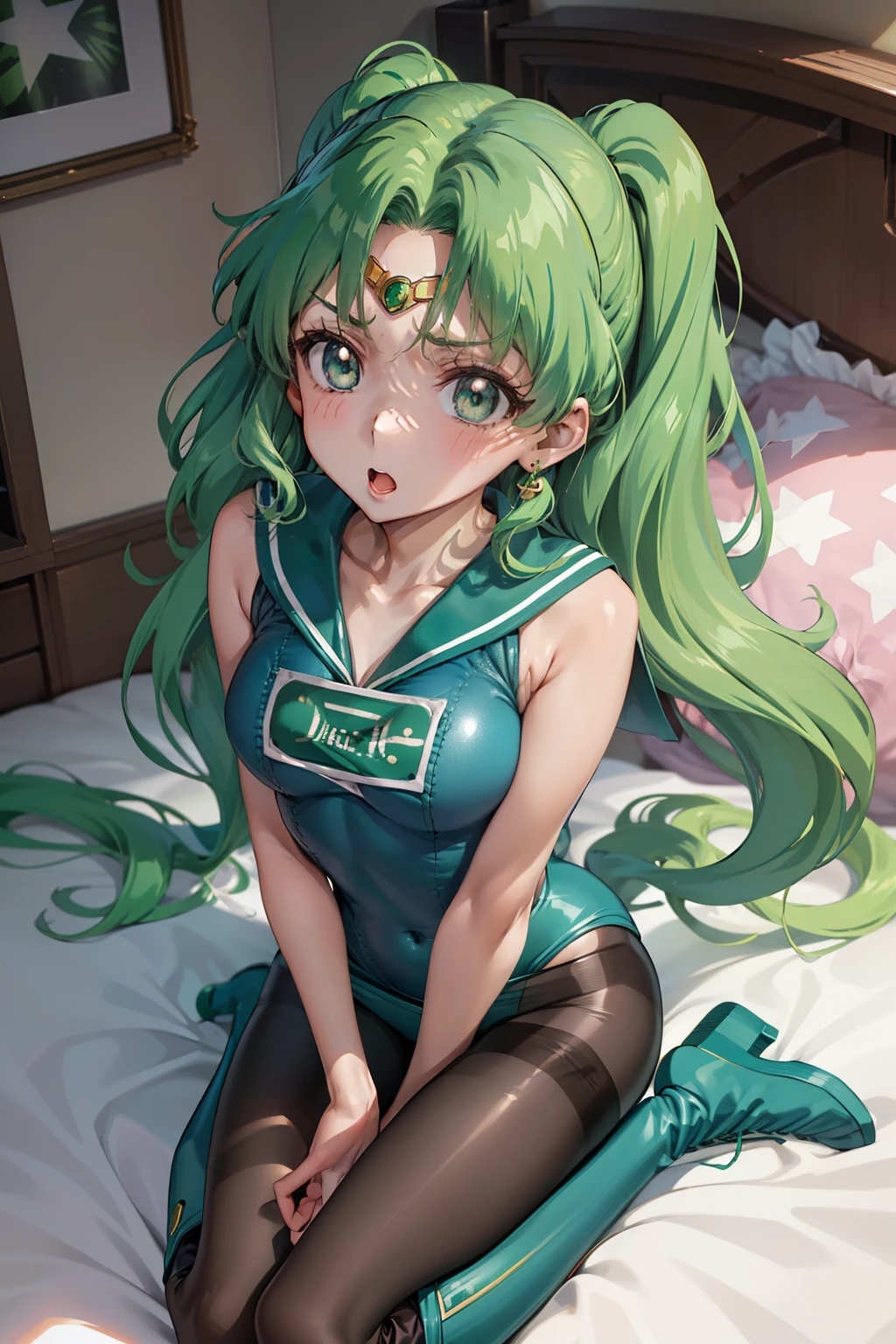 masutepiece, Best Quality, 1girl in, (Sailor Neptune),Green head hair, (Green eye:1.2),((Competitive swimsuit))、((long boots))、((pantyhose))、((Bedroom))、length hair、poneyTail、((embarassed expression))、((Bedrooms))、