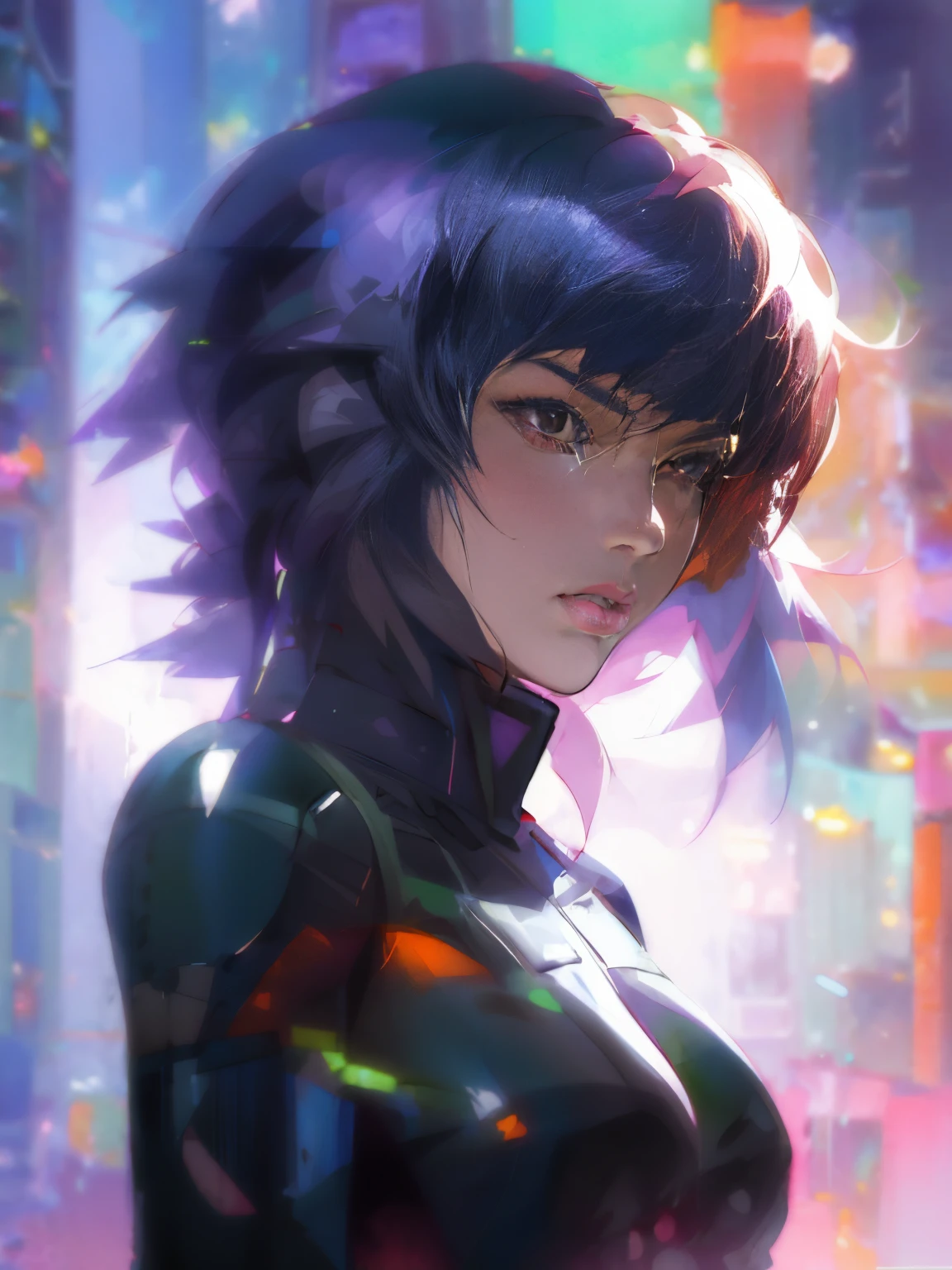 chica anime con cabello morado y atuendo de cuero negro con reflejos brillantes en una ciudad, fantasma en el estilo artístico de concha, motoko kusanagi, Ilia Kuvshinov. 4k, arte digital del anime cyberpunk, Estilo de Arte : Ilia Kuvshinov, Ilia Kuvshinov style, digital art Ilia Kuvshinov, artgerm and Ilia Kuvshinov