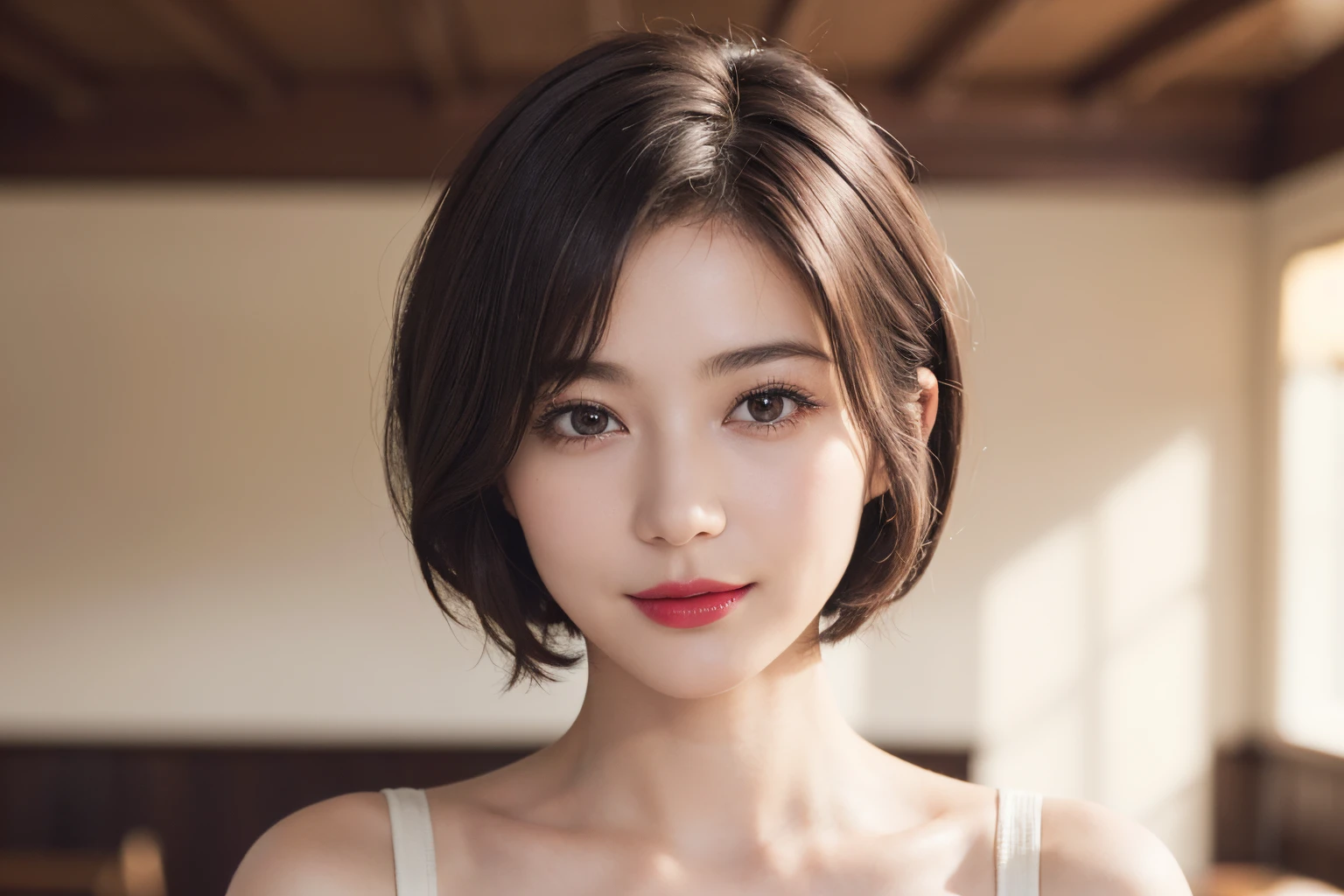 128
(a 20 yo woman, Standing), (A hyper-realistic), (high-level image quality), ((beautiful hairstyle 46)), ((short-hair:1.46)), (Gentle smile), (breasted:1.1), (lipsticks), (Large room), (Depth of field is deep), (Painterly)