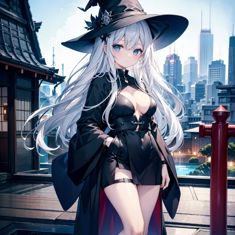 I&#39;m on the roof of a building in Tokyo at midnight.、I can see the night view behind me、There is a night pool where you can see the night view.、There are two adult women A and B holding halberds、A has white hair and wears a large black witch hat with sa...