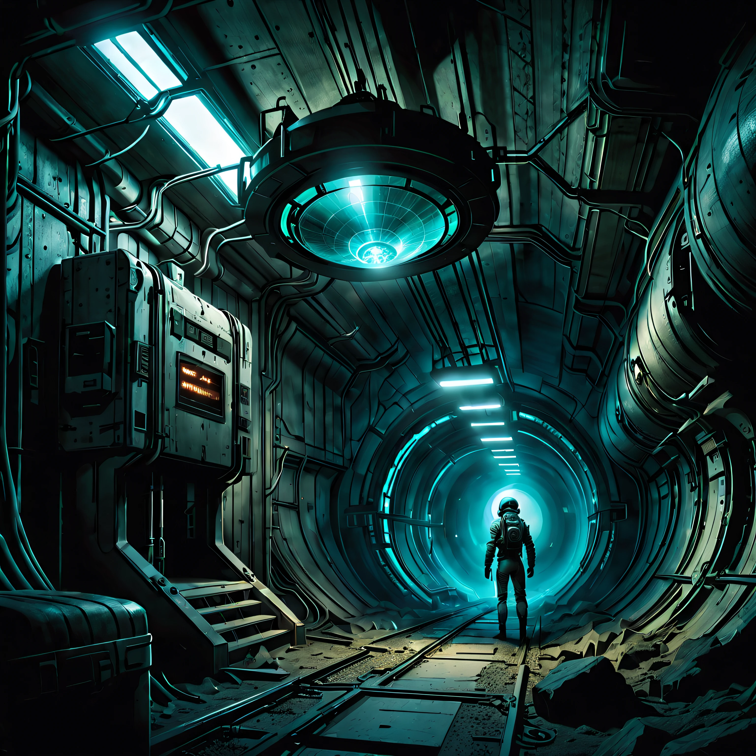 dark, eerie,Quantum Computing Node, Reinforced Concrete, Bioluminescent Phytoplankton, Laser Lights, detailed,  humans have retreated below the Earth's surface, relying on the diligent efforts of the Tunneling Workforce to construct an intricate underground refuge