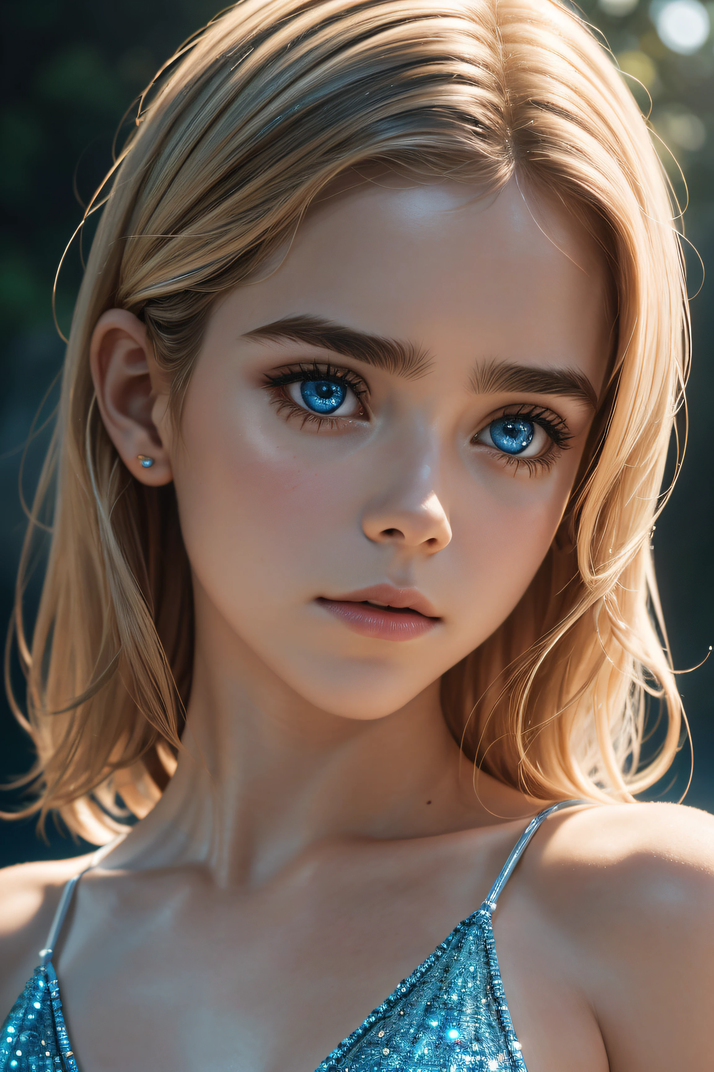 A woman with blue eyes and a blue dress posing for a picture - SeaArt AI