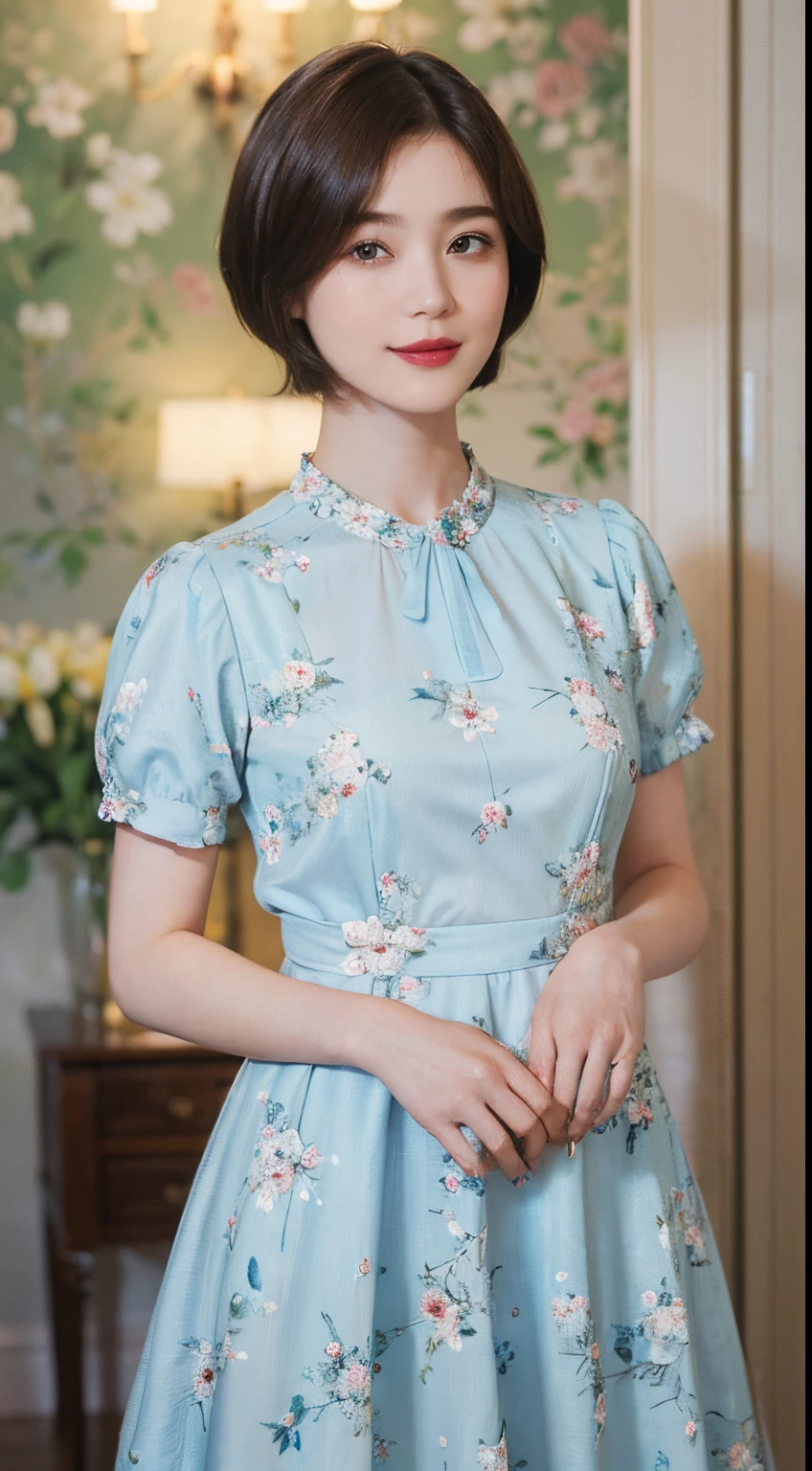 129
(a 20 yo woman,is standing), (A hyper-realistic), (high-level image quality), ((beautiful hairstyle 46)), ((short-hair:1.46)), (Gentle smile), (brest:1.1), (lipsticks), (florals), (Large room), (florals), (painterly)