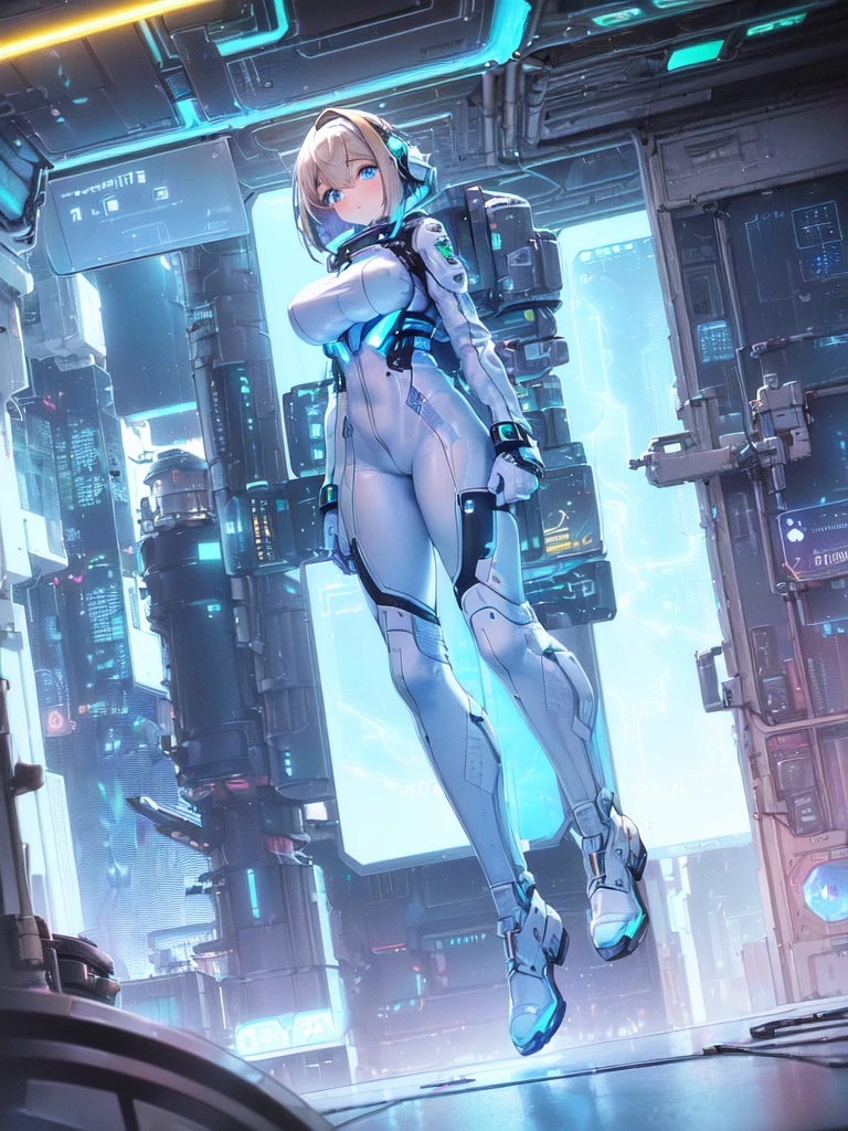 ​masterpiece:1.4, 1girl in ((20yr old, Wearing a futuristic white and silver costume, Tight Fit Bodysuit, long boots, Very gigantic-breasts, Multicolored blonde hair, a short bob, Perfect model body, Blue eyes:1.2, Wearing headphones, Looking out the window of the futuristic sci-fi space station、While admiring the beautiful galaxy:1.2, SFSF control room on night background:1.1, Neon and energetic atmosphere:1.2)) ((Galaxy))