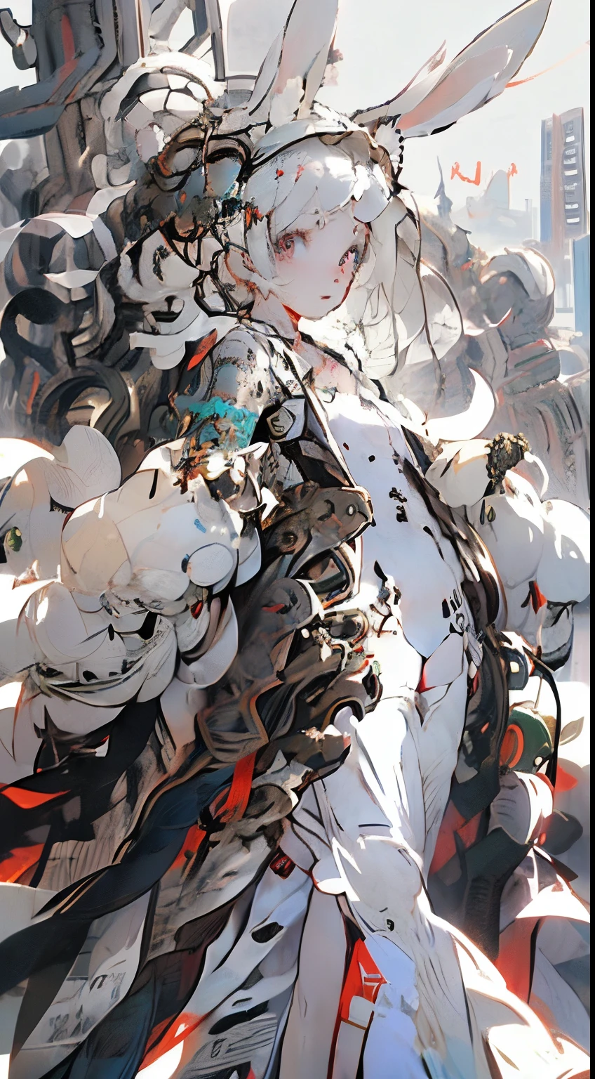 Anime style, albine woman white hair, iluminated blue eyes, big rabbit ears, red lips, perfect small breasts, walking forest, very pale albine white pale body