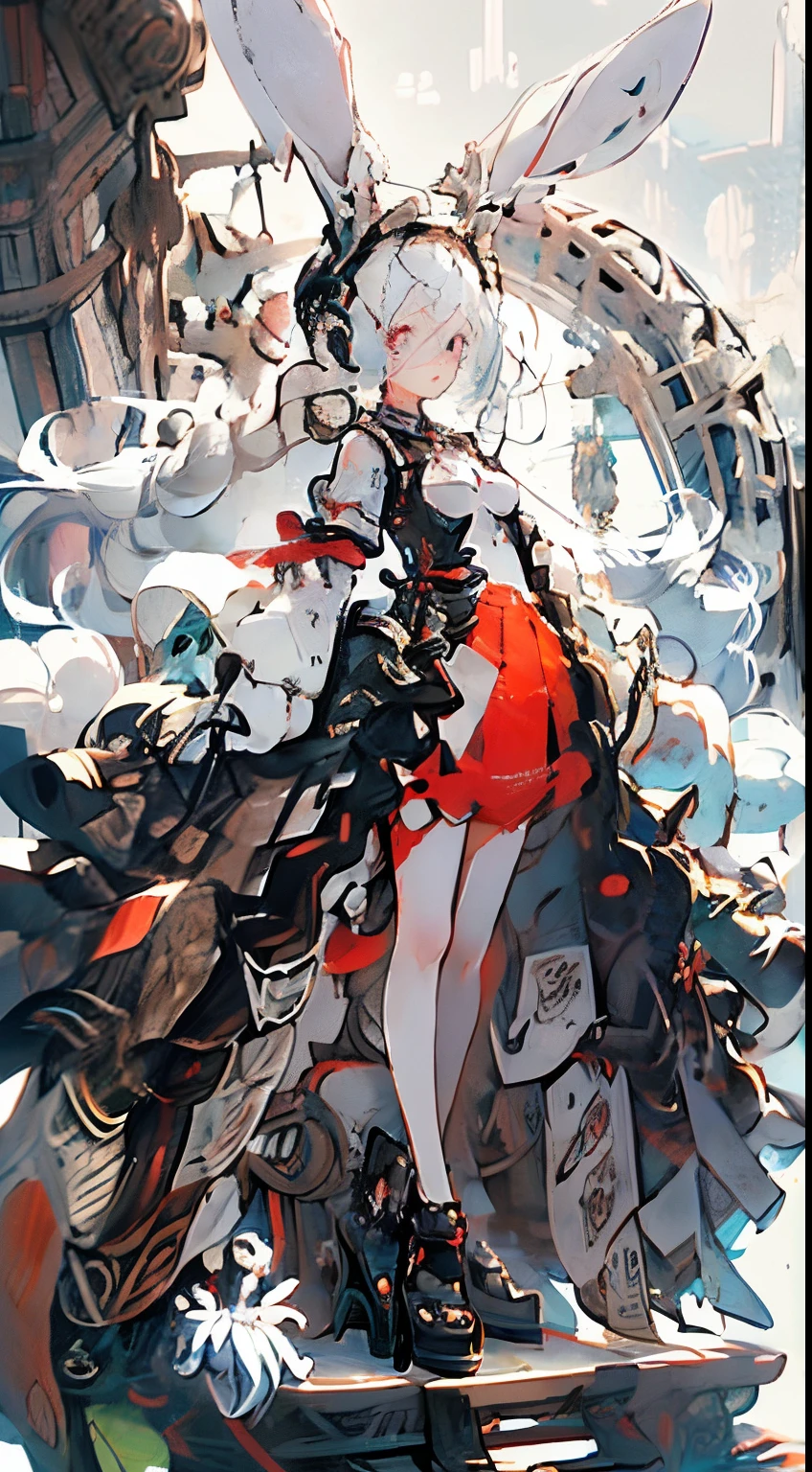 Anime style, albine woman white hair, iluminated blue eyes, big rabbit ears, red lips, perfect small breasts, walking forest, very pale albine white pale body