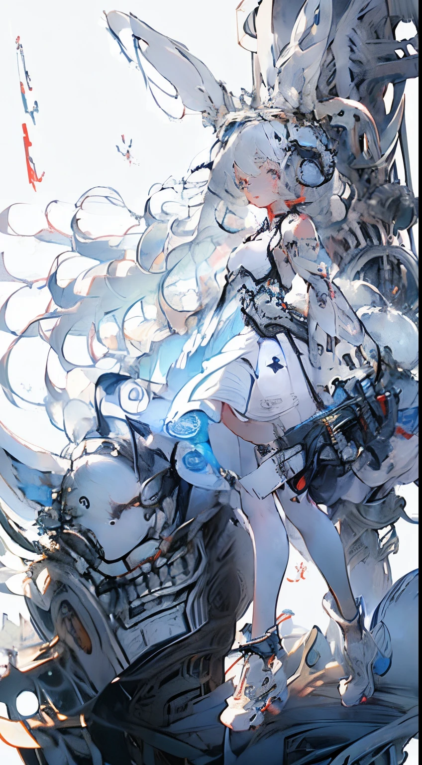 Anime style, albine woman white hair, iluminated blue eyes, big rabbit ears, red lips, perfect small breasts, walking forest, very pale albine white pale body