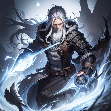 old Odin, long gray hair and long gray beard, black left eye, sacred Viking armor, 8K portrait, high detail
