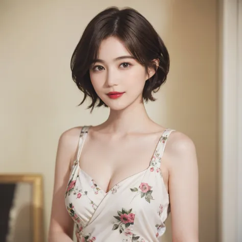 129
(a 20 yo woman, Standing), (A hyper-realistic), (high-level image quality), ((beautiful hairstyle 46)), ((short-hair:1.46)), (Gentle smile), (breasted:1.1), (lipsticks), (Large room), (florals), (Painterly)