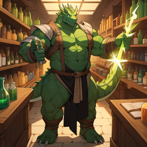 A massive green dragon in tight medieval clothing with massive pecs greets you with a welcoming smile while at the counter in a ...