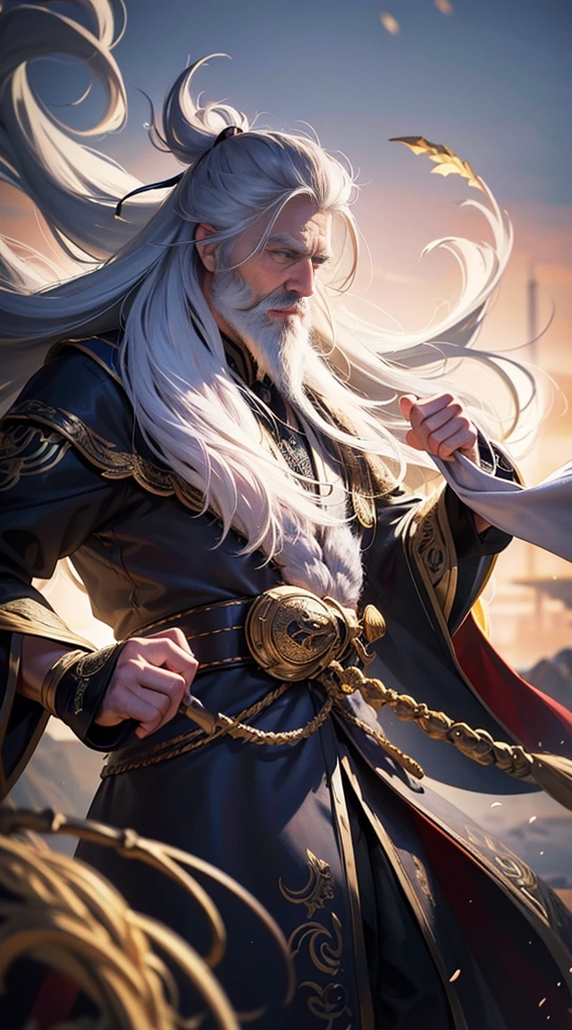 old odin, long gray hair and long gray beard,Majestic， Black left eye, Hanfu, Chinese style clothes，8k portrait, Highly detailed golden particles float around him，that wizard