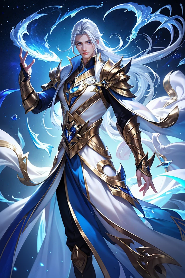 tmasterpiece，male people， full bodyesbian，the only person，（Best quality at best）， （1bo armor， long flowing silver hair，style of anime, god light,  dynamicposes，starrysky，meteors，rays of moonlight，