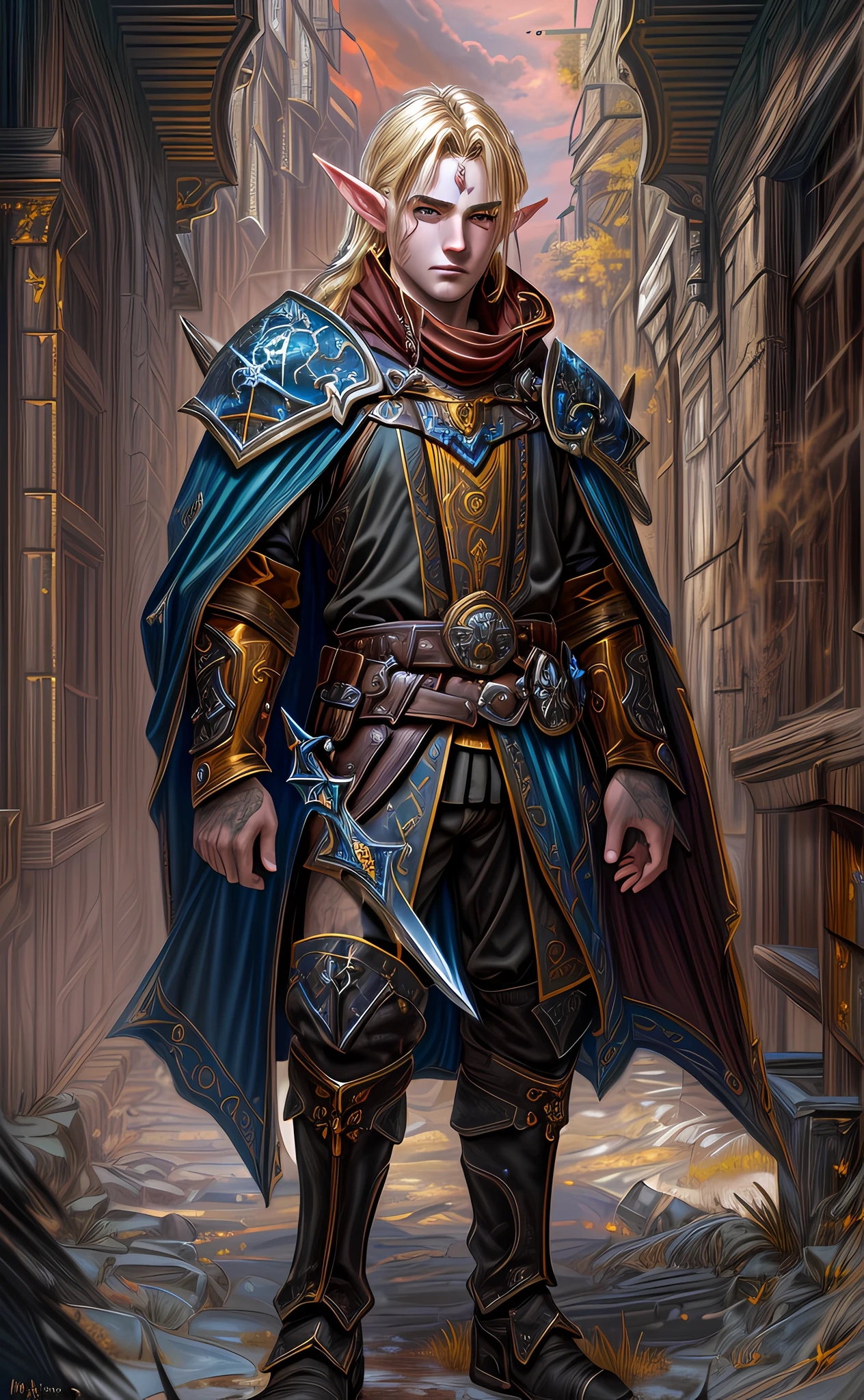 dark fantasy art, dnd art, dark RPG art, wide shot, (masterpiece:1.3), magv1ll, half elf bard in a fantasy street, full body, intense details, highly detailed, photorealistic, best quality, highres, portrait of 1(male: 1.4) half elf (fantasy art, Masterpiece, best quality: 1half elf, male, thin, pale skin, (dirt on face: 1.2), intense details facial detail (gritty fantasy art, Masterpiece, best quality: 1.4) bard, exquisite beauty, (blond hair: 1.3), (smirking in arrogance: 1.2), (dirt on face: 1.3), (grime on face: 1.3) (small pointed ears: 1.3), intense azure eyeantasy art, Masterpiece, best quality: 1.3) holding a (small lyre: 1.4) (fantasy art, Masterpiece, best quality: 1.4) wearing heavy (heavy armor, wearing) LnF, wearing leather boots, wearing a cloak, a sword slung on his back (fantasy art, Masterpiece, best quality: 1.3), smiling an arrogant smile, standing in (gritty: 1.3) fantasy street, there are (dark red clouds: 1.3) , (dark yellows clouds: 1.3) above, sense of gloom, sense of dread, depth of field, reflection light, high details, best quality, 16k, [ultra detailed], masterpiece, best quality, (extremely detailed), dynamic angle, ultra wide shot, photorealistic, RAW, fantasy art, dnd art, fantasy art, realistic art