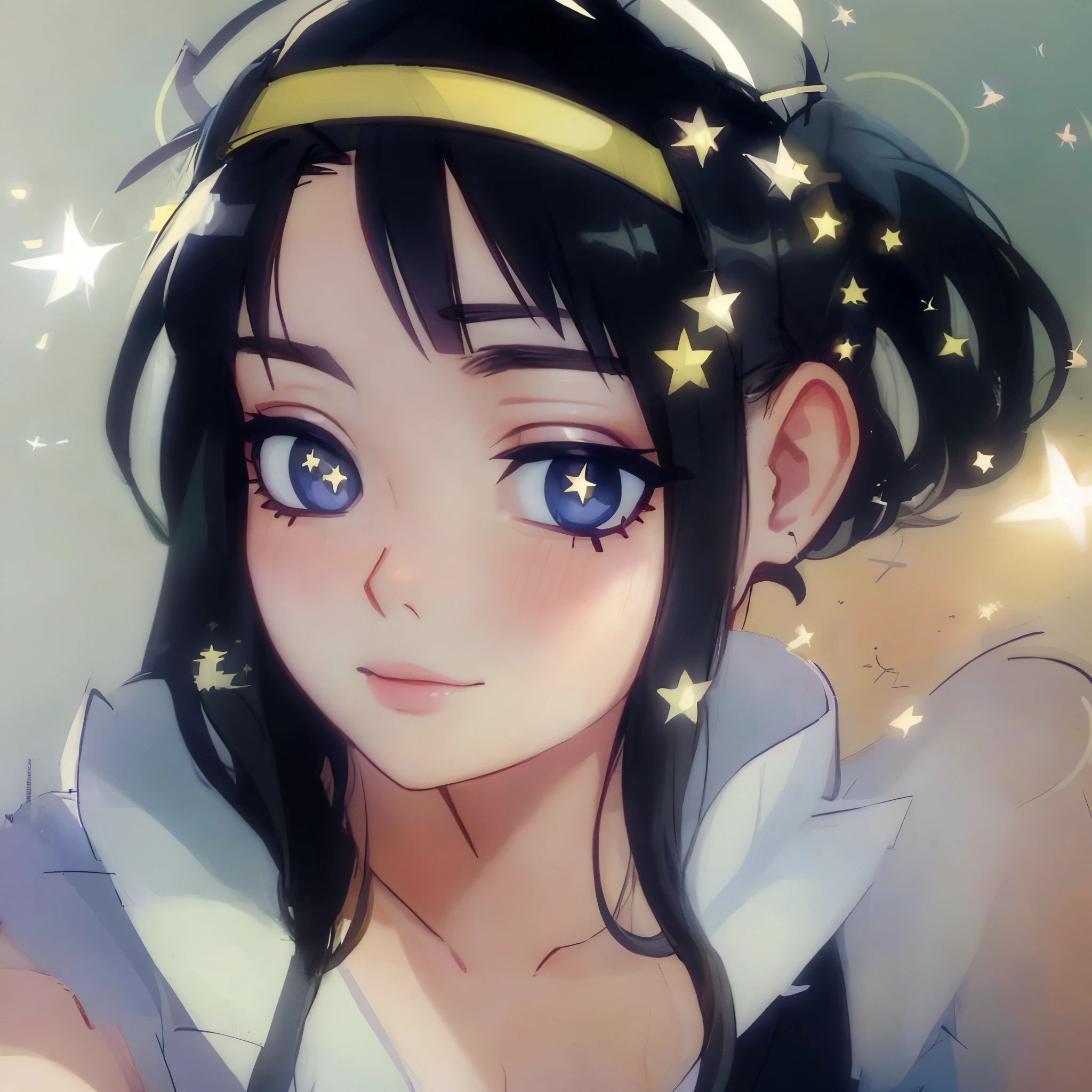 a close up of a woman with a headband with stars on it, with stars, with kind face, wearing angel halo, with accurate face, blurry image, tumblr, face picture, asian face, wearing angel halo covered face, with round face, potrait, face  brightly lit, background  heavenly, profile image, non blurry, stars in her eyes