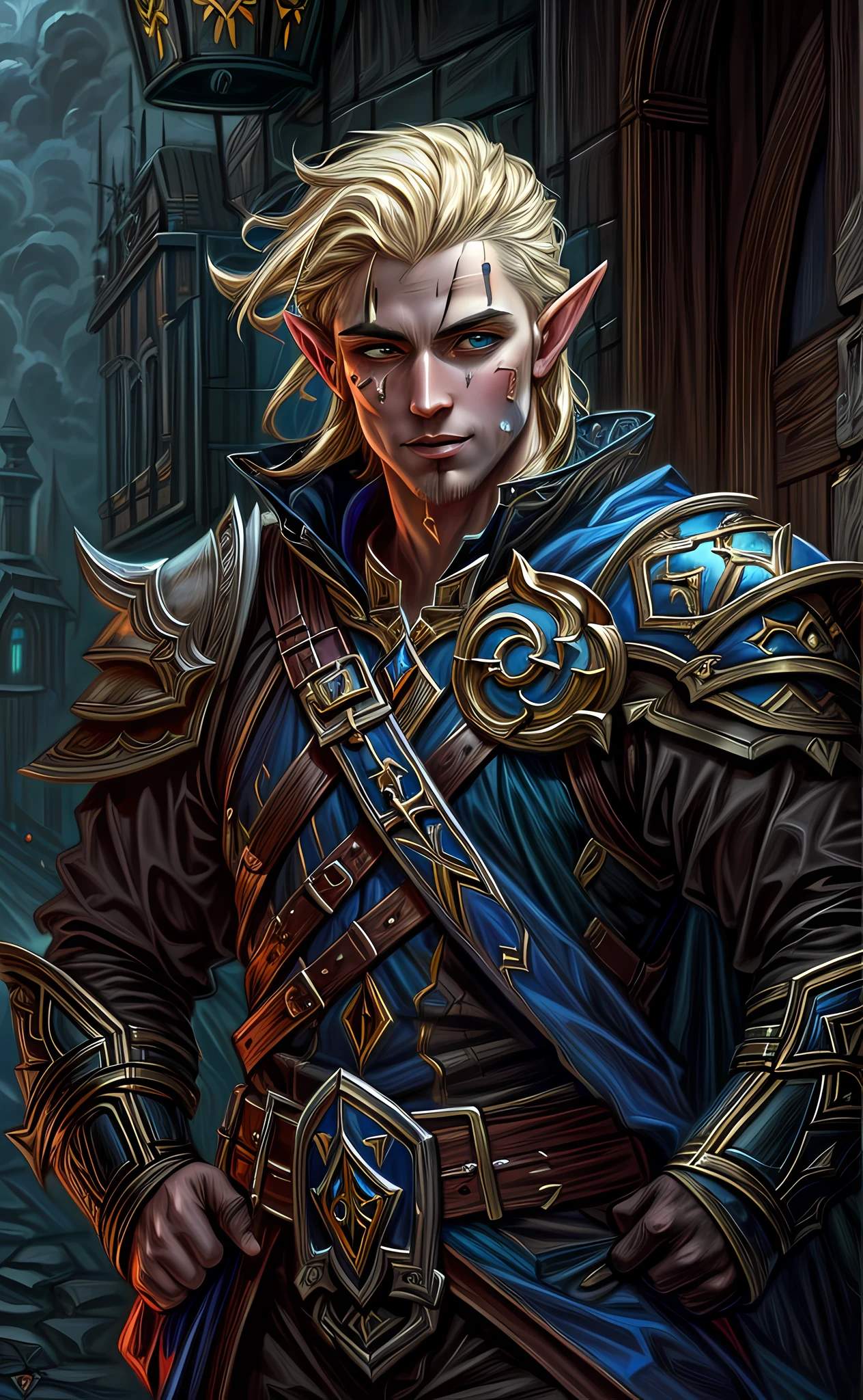 dark fantasy art, dnd art, dark RPG art, wide shot, (masterpiece:1.3), magv1ll, half elf bard in a fantasy street, full body, intense details, highly detailed, photorealistic, best quality, highres, portrait of 1(male: 1.4) half elf (fantasy art, Masterpiece, best quality: 1half elf, male, thin, pale skin, (dirt on face: 1.2), intense details facial detail (gritty fantasy art, Masterpiece, best quality: 1.4) bard, exquisite beauty, (blond hair: 1.3), (smirking in arrogance: 1.2), (dirt on face: 1.3), (grime on face: 1.3) (small pointed ears: 1.3), intense azure eyeantasy art, Masterpiece, best quality: 1.3) holding a (small lyre: 1.4) (fantasy art, Masterpiece, best quality: 1.4) wearing heavy (heavy armor, wearing) CM-Beautiful_armor, wearing leather boots, wearing a cloak, a sword slung on his back (fantasy art, Masterpiece, best quality: 1.3), smiling an arrogant smile, standing in gritty fantasy street, there are (dark red clouds: 1.3) , (dark yellows clouds: 1.3) above, sense of gloom, sense of dread, depth of field, reflection light, high details, best quality, 16k, [ultra detailed], masterpiece, best quality, (extremely detailed), dynamic angle, ultra wide shot, photorealistic, RAW, fantasy art, dnd art, fantasy art, realistic art