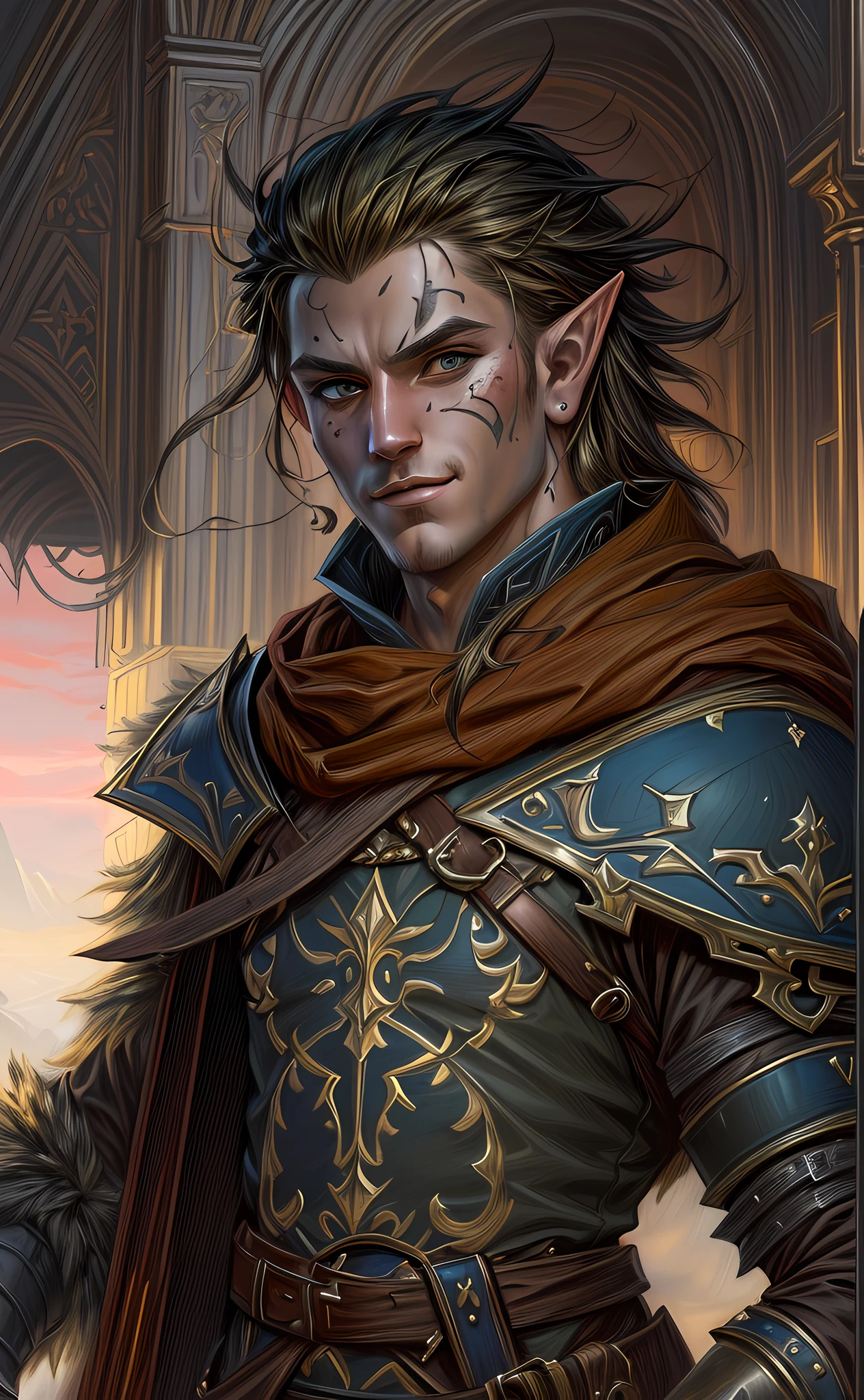 dark fantasy art, dnd art, dark RPG art, wide shot, (masterpiece:1.3), magv1ll, half elf bard in a fantasy street, full body, intense details, highly detailed, photorealistic, best quality, highres, portrait of 1(male: 1.4) half elf (fantasy art, Masterpiece, best quality: 1half elf, male, thin, pale skin, (dirt on face: 1.2), intense details facial detail (gritty fantasy art, Masterpiece, best quality: 1.4) bard, exquisite beauty, (blond hair: 1.3), (smirking in arrogance: 1.2), (dirt on face: 1.3), (grime on face: 1.3) (small pointed ears: 1.3), intense azure eyeantasy art, Masterpiece, best quality: 1.3) holding a (small lyre: 1.4) (fantasy art, Masterpiece, best quality: 1.4) wearing heavy (heavy armor, wearing) CM-Beautiful_armor, wearing leather boots, wearing a cloak, a sword slung on his back (fantasy art, Masterpiece, best quality: 1.3), smiling an arrogant smile, standing in (gritty: 1.3) fantasy street, there are (dark red clouds: 1.3) , (dark yellows clouds: 1.3) above, sense of gloom, sense of dread, depth of field, reflection light, high details, best quality, 16k, [ultra detailed], masterpiece, best quality, (extremely detailed), dynamic angle, ultra wide shot, photorealistic, RAW, fantasy art, dnd art, fantasy art, realistic art