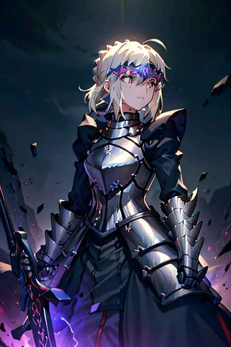 1girl, alter servant, solo, armor, black armor, body markings, pale skin, weapon, dark persona, gauntlets, armored dress, dress, black dress, (corruption), short hair, dark knight, braid, french braid, ((visor armor in the eyes)), darkness, boots, armored ...