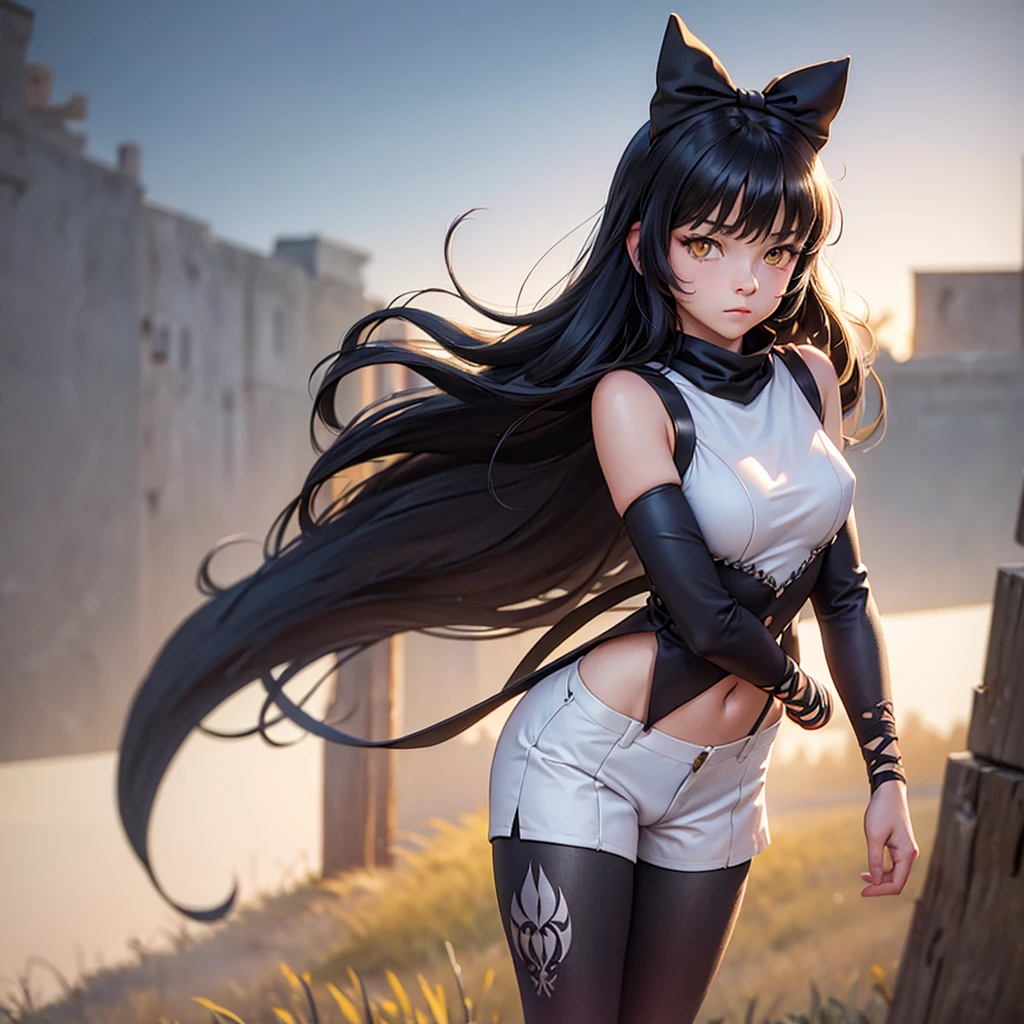 (masterpiece, best quality:1.2), cowboy shot, solo, 1girl, blake belladonna, expressionless, closed mouth, looking at viewer, black hair bow, white shirt, detached sleeve, pantyhose, legwear under shorts, country lane