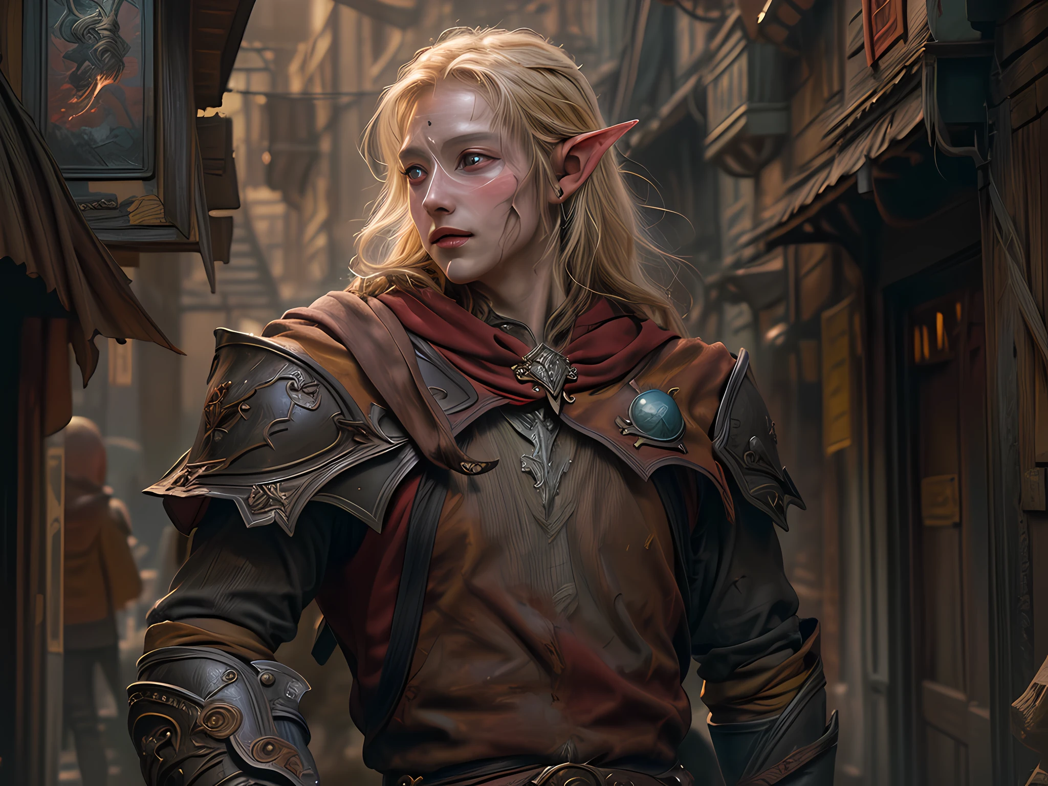 dark fantasy art, dnd art, dark RPG art, wide shot, (masterpiece:1.3), half elf bard in a fantasy street, full body, intense details, highly detailed, photorealistic, best quality, highres, portrait of 1(male: 1.4) half elf (fantasy art, Masterpiece, best quality: 1half elf, male, thin, pale skin, (dirt on face: 1.2), intense details facial detail (gritty fantasy art, Masterpiece, best quality: 1.4) bard, exquisite beauty, (blond hair: 1.3), (smirking in arrogance: 1.2), (dirt on face: 1.3), (grime on face: 1.3) (small pointed ears: 1.2),  intense azure eyeantasy art,  Masterpiece, best quality: 1.3) holding a (small lyre: 1.4) (fantasy art, Masterpiece, best quality: 1.4) wearing heavy (heavy armor, wearing) CM-Beautiful_armor,  wearing leather boots, wearing a cloak, a sword slung on his back (fantasy art, Masterpiece, best quality: 1.3), smiling an arrogant smile, standing in gritty fantasy street, there are (dark red clouds: 1.3) , (dark yellows clouds: 1.3) above, sense of gloom, sense of dread, depth of field, reflection light, high details, best quality, 16k, [ultra detailed], masterpiece, best quality, (extremely detailed), dynamic angle, ultra wide shot, photorealistic, RAW, fantasy art, dnd art, fantasy art, realistic art