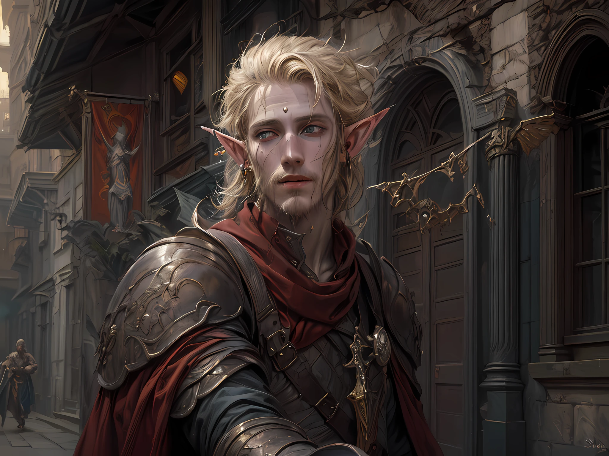 dark fantasy art, dnd art, dark RPG art, wide shot, (masterpiece:1.3), half elf bard in a fantasy street, full body, intense details, highly detailed, photorealistic, best quality, highres, portrait of 1(male: 1.4) half elf (fantasy art, Masterpiece, best quality: 1half elf, male, thin, pale skin, (dirt on face: 1.2), intense details facial detail (gritty fantasy art, Masterpiece, best quality: 1.4) bard, exquisite beauty, (blond hair: 1.3), (smirking in arrogance: 1.2), (dirt on face: 1.3), (grime on face: 1.3) (small pointed ears: 1.3), intense azure eyeantasy art,  Masterpiece, best quality: 1.3) holding a (small lyre: 1.4) (fantasy art, Masterpiece, best quality: 1.4) wearing heavy (heavy armor, wearing) CM-Beautiful_armor,  wearing leather boots, wearing a cloak, a sword slung on his back (fantasy art, Masterpiece, best quality: 1.3), smiling an arrogant smile, standing in gritty fantasy street, there are (dark red clouds: 1.3) , (dark yellows clouds: 1.3) above, sense of gloom, sense of dread, depth of field, reflection light, high details, best quality, 16k, [ultra detailed], masterpiece, best quality, (extremely detailed), dynamic angle, ultra wide shot, photorealistic, RAW, fantasy art, dnd art, fantasy art, realistic art