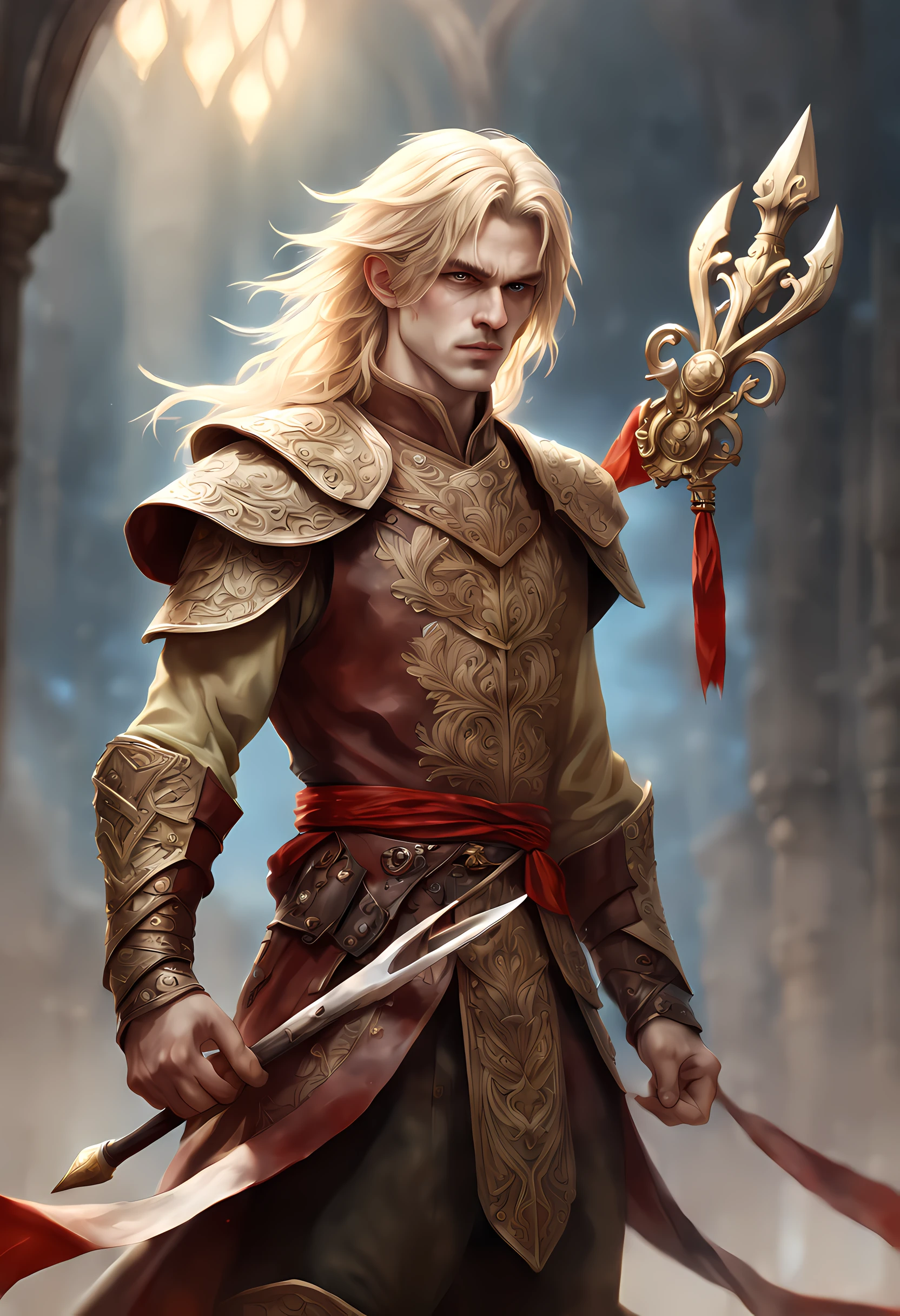 dark fantasy art, dnd art, dark RPG art, wide shot, dirty hero, (masterpiece:1.3), full body, intense details, highly detailed, photorealistic, best quality, highres, portrait of 1(male: 1.4) half elf (fantasy art, Masterpiece, best quality: pale skin, (dirt on face: 1.2), intense details facial detail (gritty fantasy art, Masterpiece, best quality: 1.4) bard, exquisite beauty, (blond hair: 1.3), (smirking in arrogance: 1.2), (dirt on face: 1.3), (grime on face: 1.3) intense azure eyeantasy art,  Masterpiece, best quality: 1.3) holding a (small lyre: 1.4) (fantasy art, Masterpiece, best quality: 1.4) wearing heavy (heavy armor, wearing) wearing leather boots, wearing a cloak, a sword slung on his back (fantasy art, Masterpiece, best quality: 1.3), smiling an arrogant smile, standing in gritty, (dirty: 1.2)  fantasy street, there are (dark red clouds: 1.3) , (dark yellows clouds: 1.3) above, sense of gloom, sense of dread, depth of field, reflection light, high details, best quality, 16k, [ultra detailed], masterpiece, best quality, (extremely detailed), dynamic angle, ultra wide shot, photorealistic, RAW, fantasy art, dnd art, fantasy art, realistic art