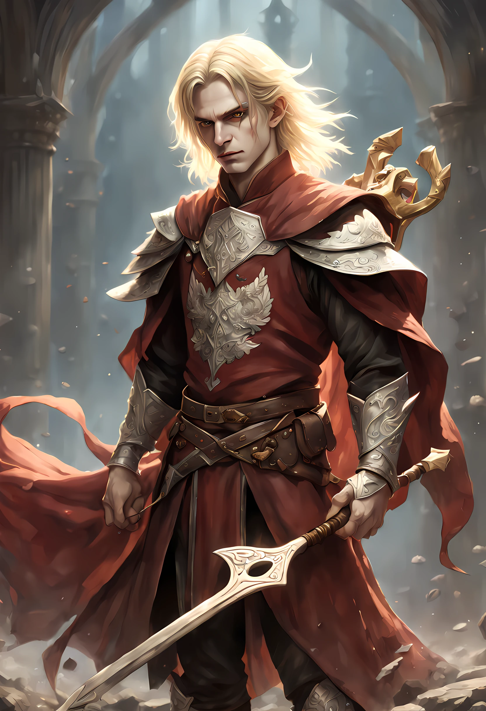 dark fantasy art, dnd art, dark RPG art, wide shot, dirty hero, (masterpiece:1.3), full body, intense details, highly detailed, photorealistic, best quality, highres, portrait of 1(male: 1.4) half elf (fantasy art, Masterpiece, best quality: pale skin, (dirt on face: 1.2), intense details facial detail (gritty fantasy art, Masterpiece, best quality: 1.4) bard, exquisite beauty, (blond hair: 1.3), (smirking in arrogance: 1.2), (dirt on face: 1.3), (grime on face: 1.3) intense azure eyeantasy art,  Masterpiece, best quality: 1.3) holding a (small lyre: 1.4) (fantasy art, Masterpiece, best quality: 1.4) wearing heavy (heavy armor, wearing) wearing leather boots, wearing a cloak, a sword slung on his back (fantasy art, Masterpiece, best quality: 1.3), smiling an arrogant smile, standing in gritty, (dirty: 1.2)  fantasy street, there are (dark red clouds: 1.3) , (dark yellows clouds: 1.3) above, sense of gloom, sense of dread, depth of field, reflection light, high details, best quality, 16k, [ultra detailed], masterpiece, best quality, (extremely detailed), dynamic angle, ultra wide shot, photorealistic, RAW, fantasy art, dnd art, fantasy art, realistic art