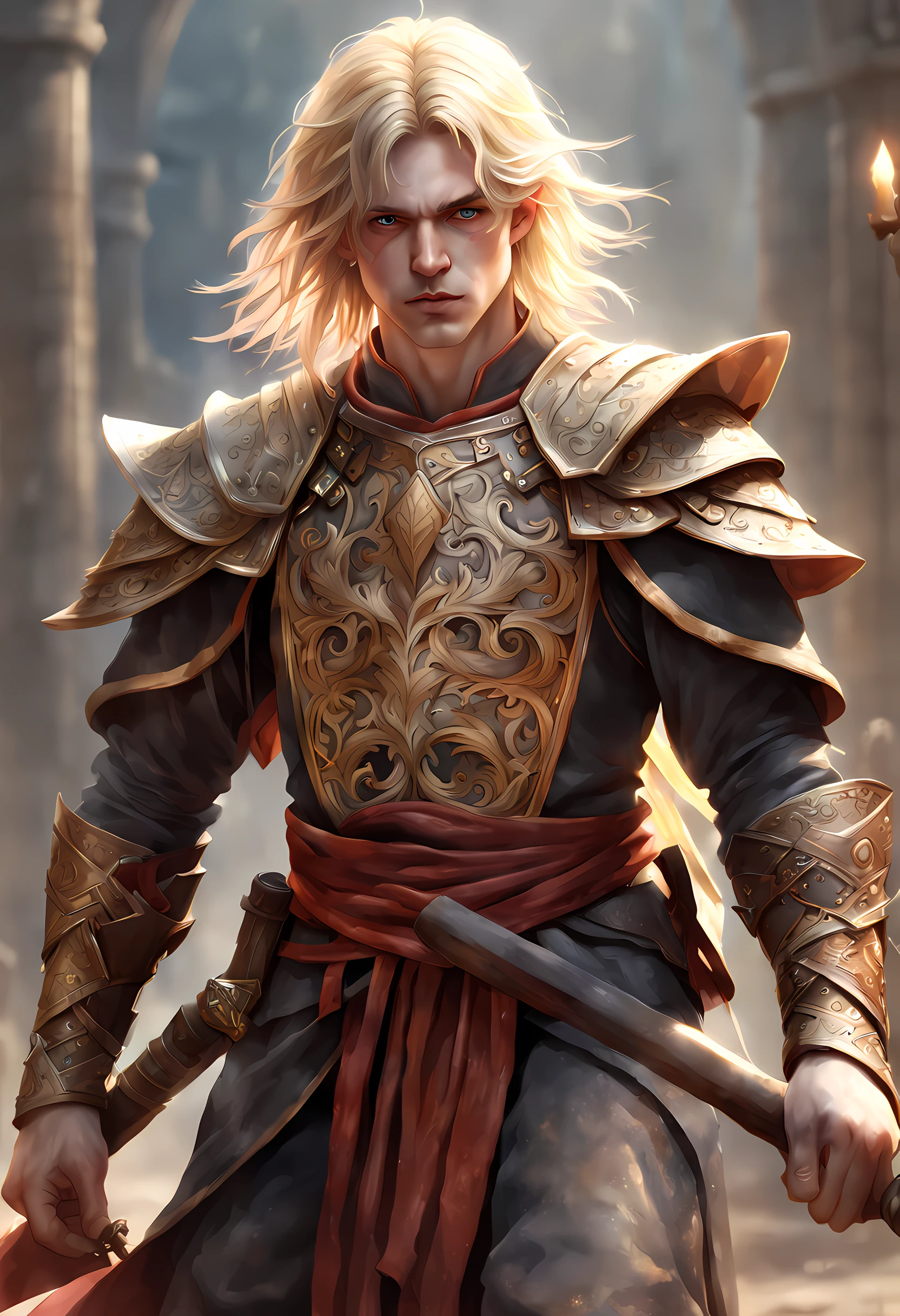 dark fantasy art, dnd art, dark RPG art, wide shot, dirty hero, (masterpiece:1.3), full body, intense details, highly detailed, photorealistic, best quality, highres, portrait of 1(male: 1.4) half elf (fantasy art, Masterpiece, best quality: pale skin, (dirt on face: 1.2), intense details facial detail (gritty fantasy art, Masterpiece, best quality: 1.4) bard, exquisite beauty, (blond hair: 1.3), (smirking in arrogance: 1.2), (dirt on face: 1.3), (grime on face: 1.3) intense azure eyeantasy art,  Masterpiece, best quality: 1.3) holding a (small lyre: 1.4) (fantasy art, Masterpiece, best quality: 1.4) wearing heavy (heavy armor, wearing) wearing leather boots, wearing a cloak, a sword slung on his back (fantasy art, Masterpiece, best quality: 1.3), smiling an arrogant smile, standing in gritty, (dirty: 1.2)  fantasy street, there are (dark red clouds: 1.3) , (dark yellows clouds: 1.3) above, sense of gloom, sense of dread, depth of field, reflection light, high details, best quality, 16k, [ultra detailed], masterpiece, best quality, (extremely detailed), dynamic angle, ultra wide shot, photorealistic, RAW, fantasy art, dnd art, fantasy art, realistic art