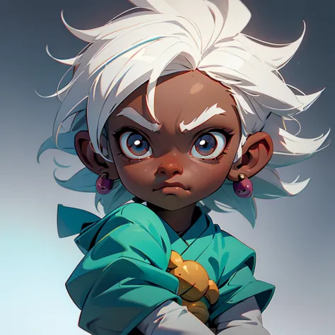 Chibi baby boy, dark skinned, white hair, dbz style, bead earrings