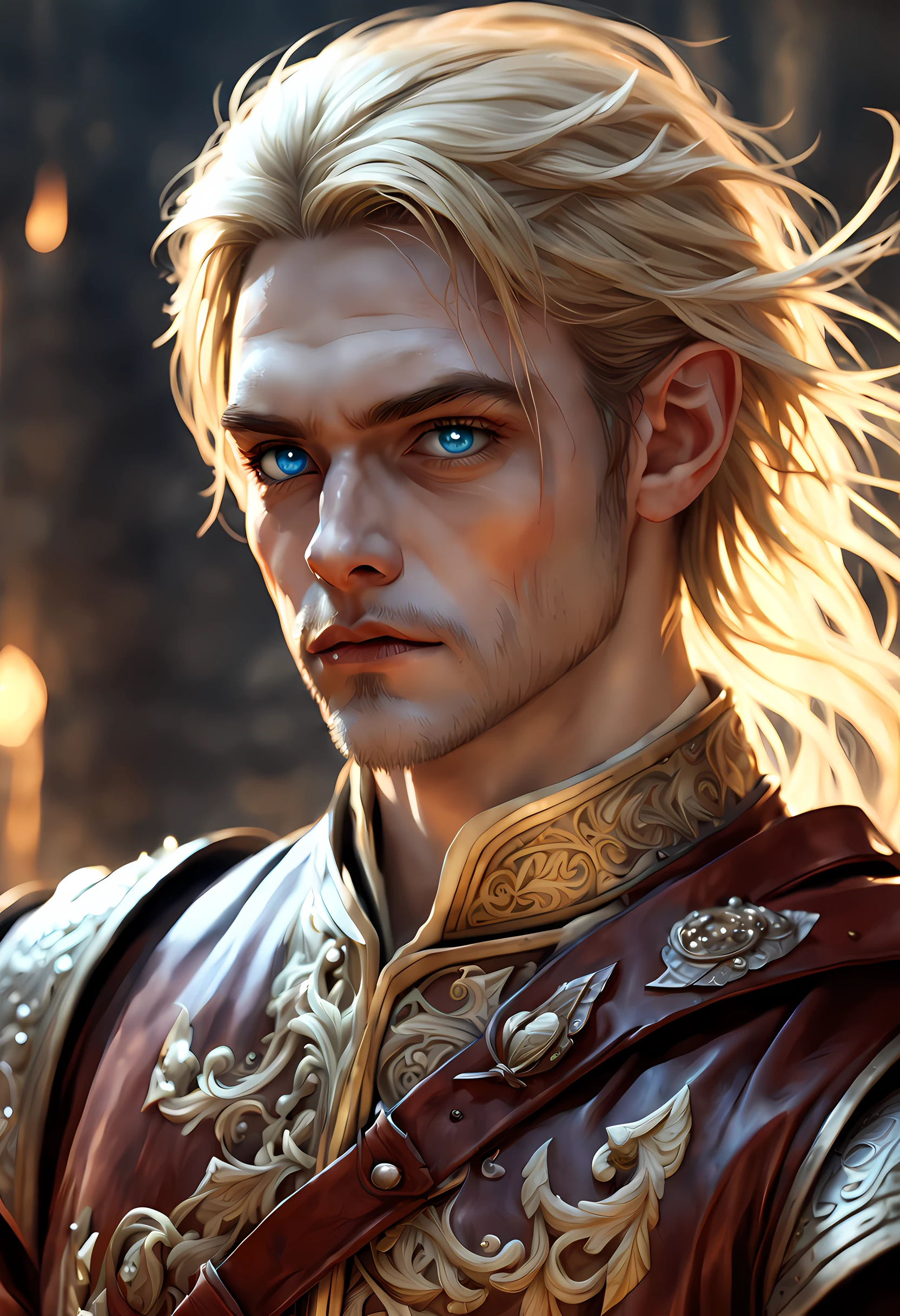 dark fantasy art, dnd art, dark RPG art, wide shot, dirty hero, (masterpiece:1.3), full body, intense details, highly detailed, photorealistic, best quality, highres, portrait of 1(male: 1.4) half elf (fantasy art, Masterpiece, best quality: pale skin, (dirt on face: 1.2), intense details facial detail (gritty fantasy art, Masterpiece, best quality: 1.4) bard, exquisite beauty, (blond hair: 1.3), (smirking in arrogance: 1.2), (dirt on face: 1.3), (grime on face: 1.3) intense azure eyeantasy art,  Masterpiece, best quality: 1.3) holding a (small lyre: 1.4) (fantasy art, Masterpiece, best quality: 1.4) wearing heavy (heavy armor, wearing) wearing leather boots, wearing a cloak, a sword slung on his back (fantasy art, Masterpiece, best quality: 1.3), smiling an arrogant smile, standing in gritty fantasy street, there are (dark red clouds: 1.3) , (dark yellows clouds: 1.3) above, sense of gloom, sense of dread, depth of field, reflection light, high details, best quality, 16k, [ultra detailed], masterpiece, best quality, (extremely detailed), dynamic angle, ultra wide shot, photorealistic, RAW, fantasy art, dnd art, fantasy art, realistic art