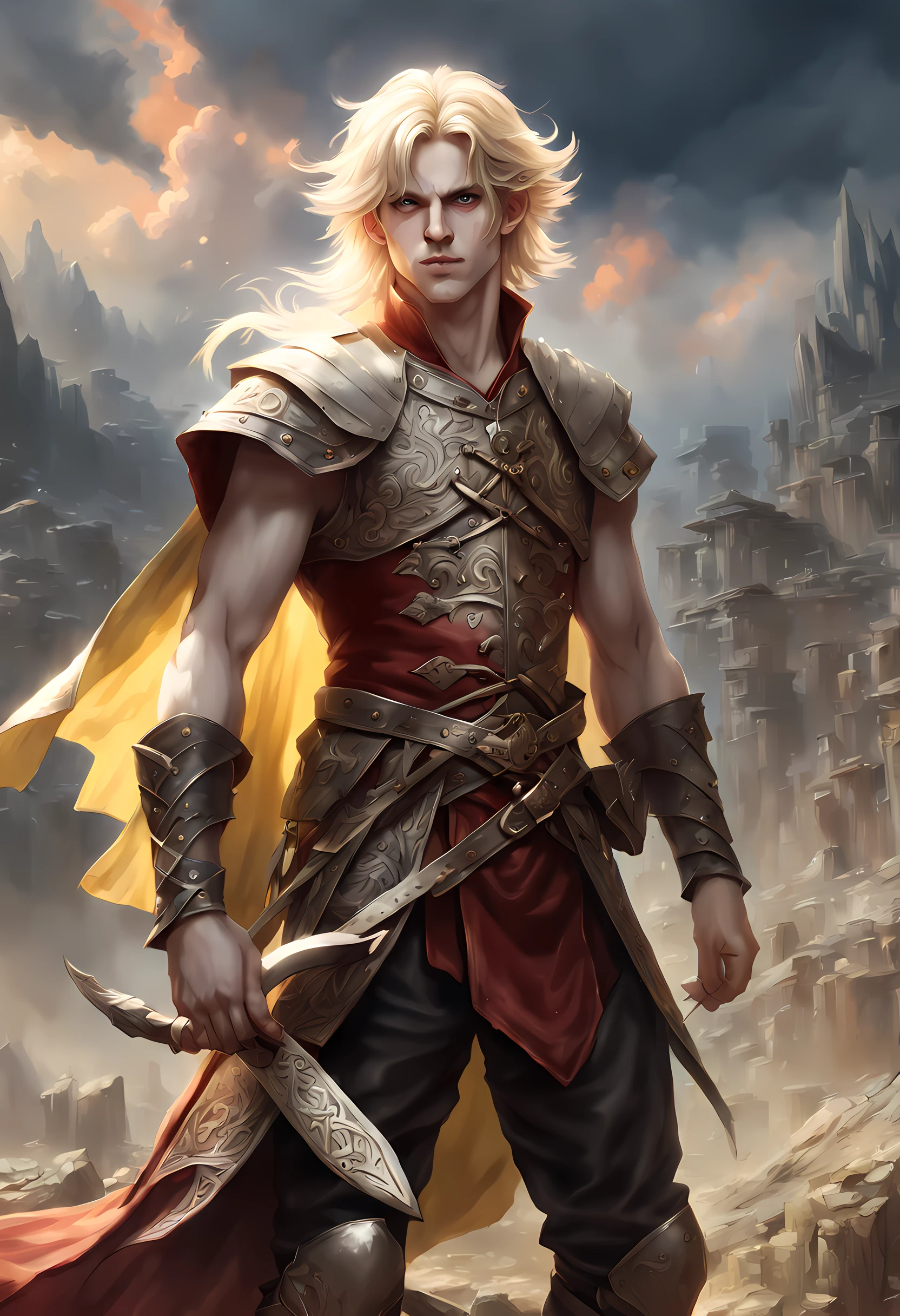 dark fantasy art, dnd art, dark RPG art, wide shot, dirty hero, (masterpiece:1.3), full body, intense details, highly detailed, photorealistic, best quality, highres, portrait of 1(male: 1.4) half elf (fantasy art, Masterpiece, best quality: pale skin, (dirt on face: 1.2), intense details facial detail (gritty fantasy art, Masterpiece, best quality: 1.4) bard, exquisite beauty, (blond hair: 1.3), (smirking in arrogance: 1.2), (dirt on face: 1.3), (grime on face: 1.3) intense azure eyeantasy art,  Masterpiece, best quality: 1.3) holding a (small lyre: 1.4) (fantasy art, Masterpiece, best quality: 1.4) wearing heavy (heavy armor, wearing) wearing leather boots, wearing a cloak, a sword slung on his back (fantasy art, Masterpiece, best quality: 1.3), smiling an arrogant smile, standing in gritty fantasy street, there are (dark red clouds: 1.3) , (dark yellows clouds: 1.3) above, sense of gloom, sense of dread, depth of field, reflection light, high details, best quality, 16k, [ultra detailed], masterpiece, best quality, (extremely detailed), dynamic angle, ultra wide shot, photorealistic, RAW, fantasy art, dnd art, fantasy art, realistic art