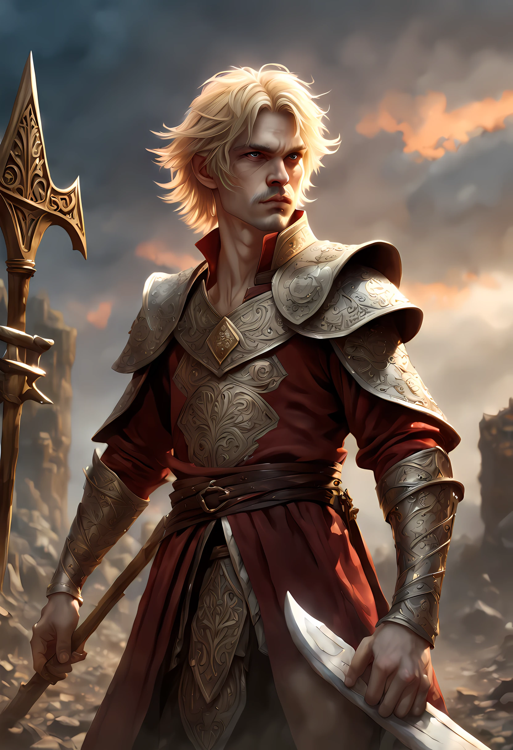 dark fantasy art, dnd art, dark RPG art, wide shot, dirty hero, (masterpiece:1.3), full body, intense details, highly detailed, photorealistic, best quality, highres, portrait of 1(male: 1.4) half elf (fantasy art, Masterpiece, best quality: pale skin, (dirt on face: 1.2), intense details facial detail (gritty fantasy art, Masterpiece, best quality: 1.4) bard, exquisite beauty, (blond hair: 1.3), (smirking in arrogance: 1.2), (dirt on face: 1.3), (grime on face: 1.3) intense azure eyeantasy art,  Masterpiece, best quality: 1.3) holding a (small lyre: 1.4) (fantasy art, Masterpiece, best quality: 1.4) wearing heavy (heavy armor, wearing) wearing leather boots, wearing a cloak, a sword slung on his back (fantasy art, Masterpiece, best quality: 1.3), smiling an arrogant smile, standing in gritty fantasy street, there are (dark red clouds: 1.3) , (dark yellows clouds: 1.3) above, sense of gloom, sense of dread, depth of field, reflection light, high details, best quality, 16k, [ultra detailed], masterpiece, best quality, (extremely detailed), dynamic angle, ultra wide shot, photorealistic, RAW, fantasy art, dnd art, fantasy art, realistic art