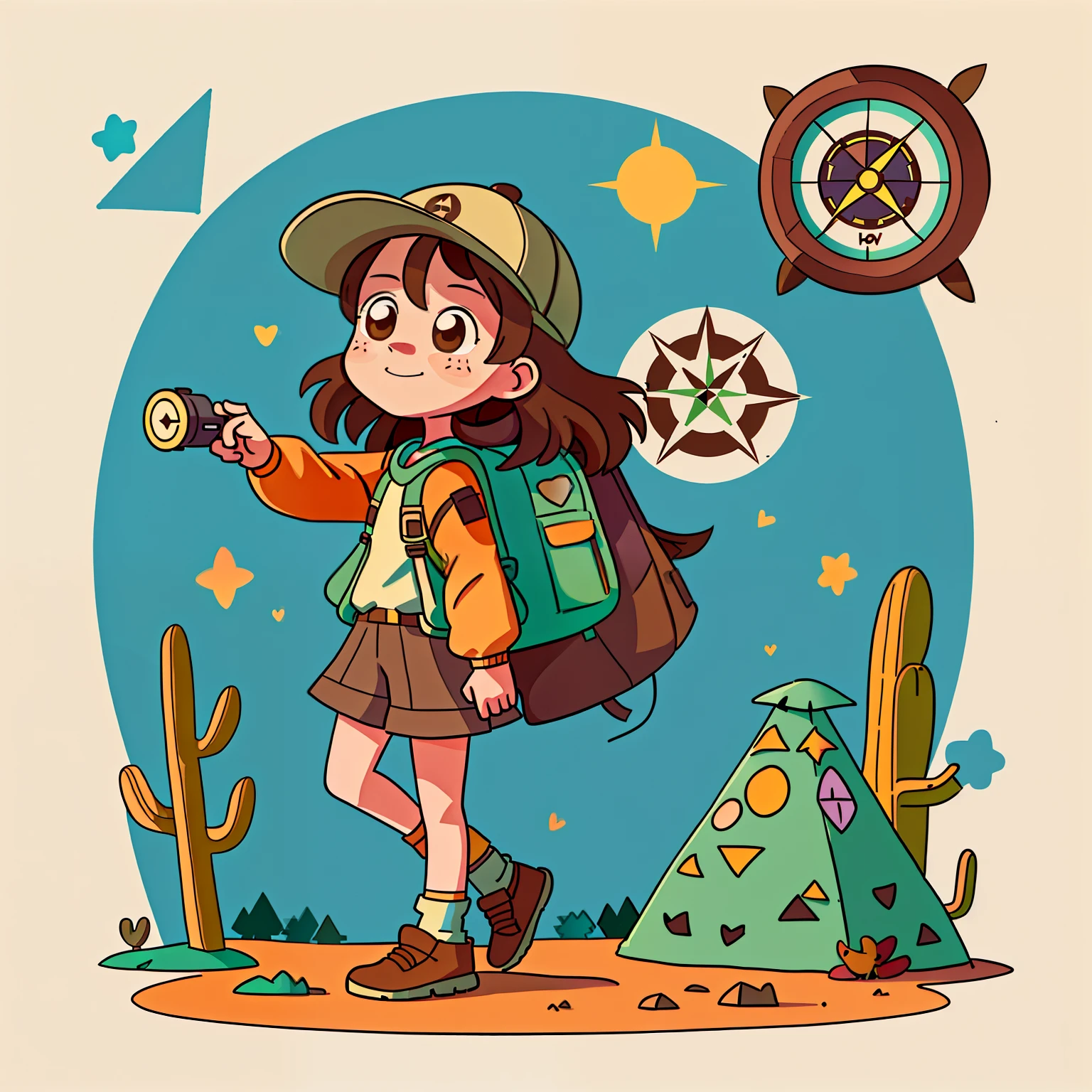 Girl with long brown hair，adventure clothing to wear，Carrying a large backpack，camping，A desert（There  an oversized compass on the back）（hold love in hands）in the early morning，（There  love）Happy，Surrounded by love，Surrounded by love，O sign，vector，line art，designs，inspiration，straight line，RHAD