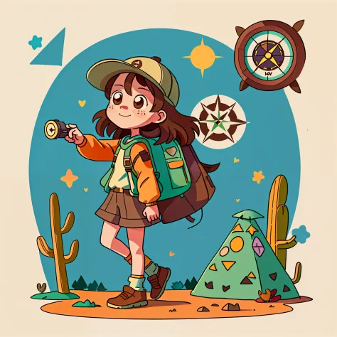 girl with long brown hair，adventure clothing to wear，carrying a large backpack，camping，a desert（there  an oversized compass on t...