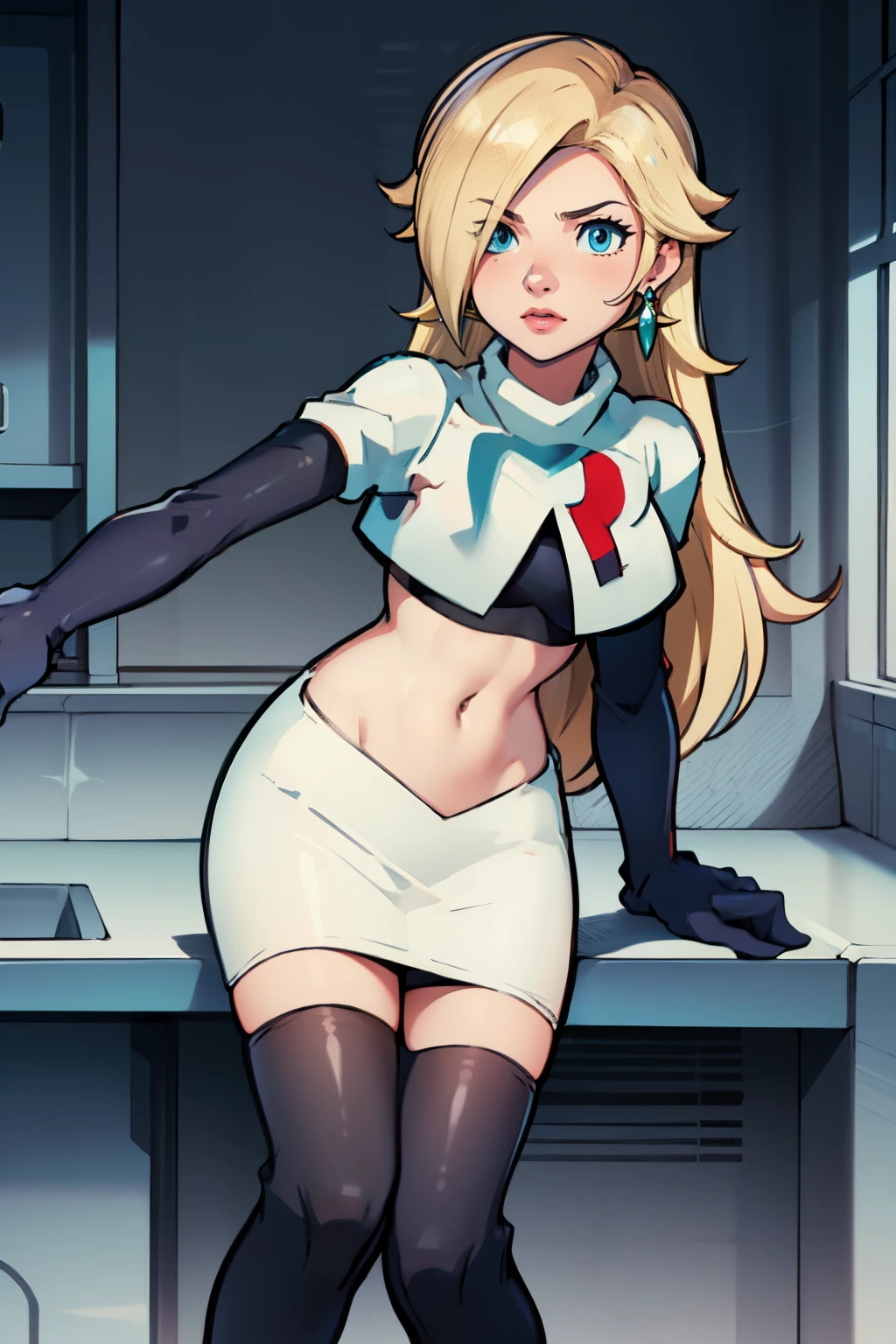 rosalina,team rocket,team rocket uniform, red letter R, white skirt,white crop top,black thigh-highs,black elbow gloves,