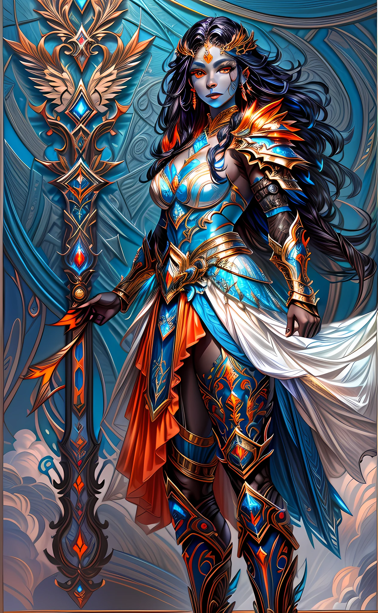 fantasy art, dnd art, RPG art, drkfntasy wide shot, (masterpiece:1.3), full body intense details, highly detailed, photorealistic, best quality, highres, portrait of a exotic race vedalken female (fantasy art, Masterpiece, best quality: 1.3) (blue colored skin: 1.3), intense details facial detail fantasy art, Masterpiece, best quality)cleric, (blue colored skin: 1.3) 1person blue_skin, (bold head: 1.4), intense green eye, fantasy art, Masterpiece, best quality) armed a fiery sword red fire, wearing heavy (white: 1.3) half plate mail armor LnF wearing high heeled laced boots, wearing an(orange :1.3) cloak within fantasy temple background and sun and clouds, reflection light, high details, best quality, 16k, [ultra detailed], masterpiece, best quality, (extremely detailed), dynamic angle, ultra wide shot, photorealistic, RAW, fantasy art, dnd art, fantasy art, realistic art