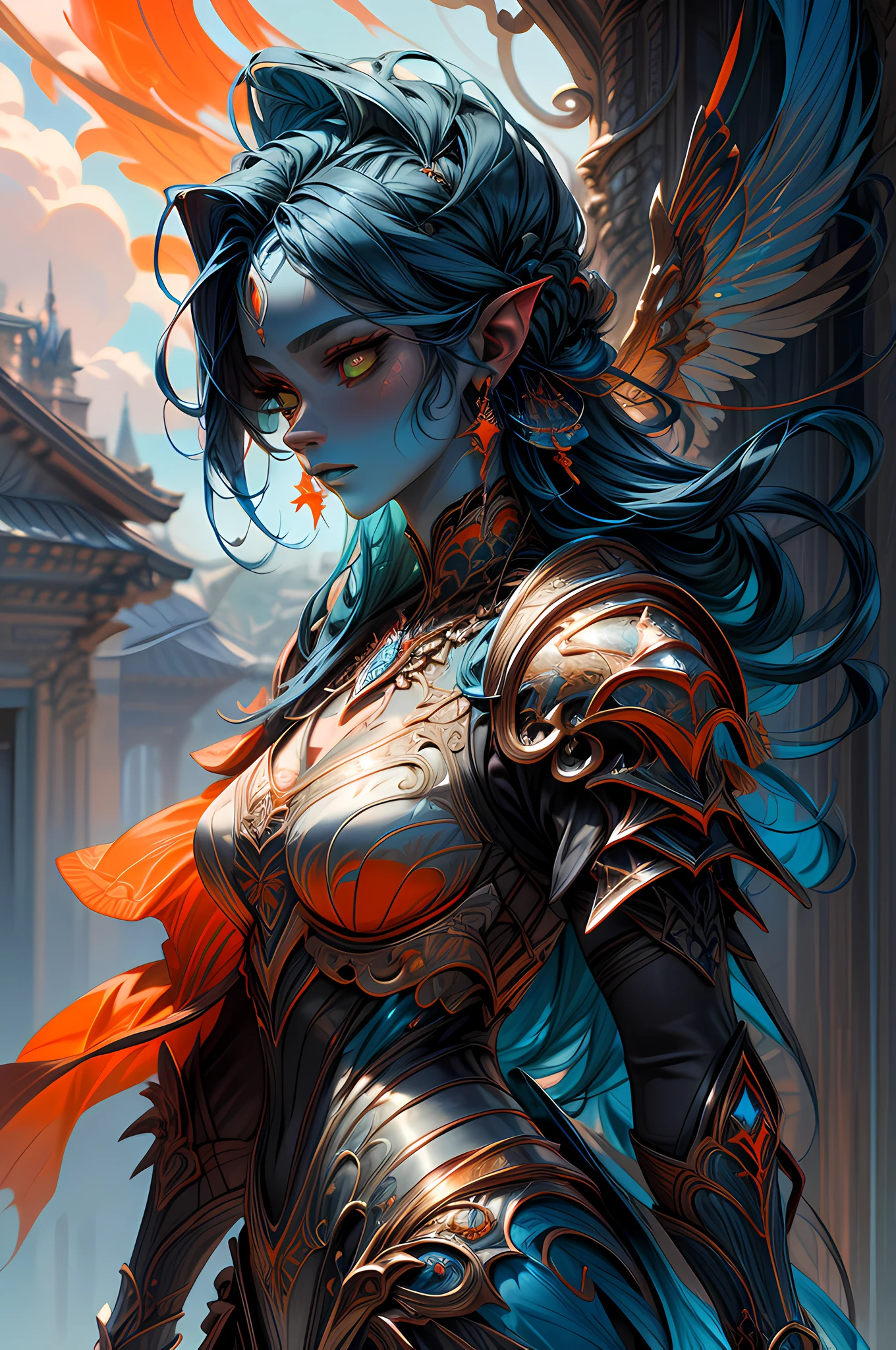 fantasy art, dnd art, RPG art, drkfntasy wide shot, (masterpiece:1.3), full body intense details, highly detailed, photorealistic, best quality, highres, portrait of a exotic race vedalken female (fantasy art, Masterpiece, best quality: 1.3) (blue colored skin: 1.3), intense details facial detail fantasy art, Masterpiece, best quality)cleric, (blue colored skin: 1.3) 1person blue_skin, (bold head: 1.4), intense green eye, fantasy art, Masterpiece, best quality) armed a fiery sword red fire, wearing heavy (white: 1.3) half plate mail armor LnF wearing high heeled laced boots, wearing an(orange :1.3) cloak within fantasy temple background and sun and clouds, reflection light, high details, best quality, 16k, [ultra detailed], masterpiece, best quality, (extremely detailed), dynamic angle, ultra wide shot, photorealistic, RAW, fantasy art, dnd art, fantasy art, realistic art