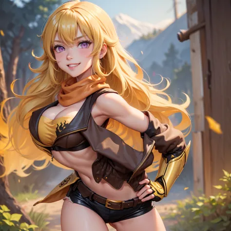 (masterpiece, best quality:1.2), cowboy shot, solo, 1girl, yang xiao long, grin, hand on hip, ahoge, purple eyes, brown jacket, ...