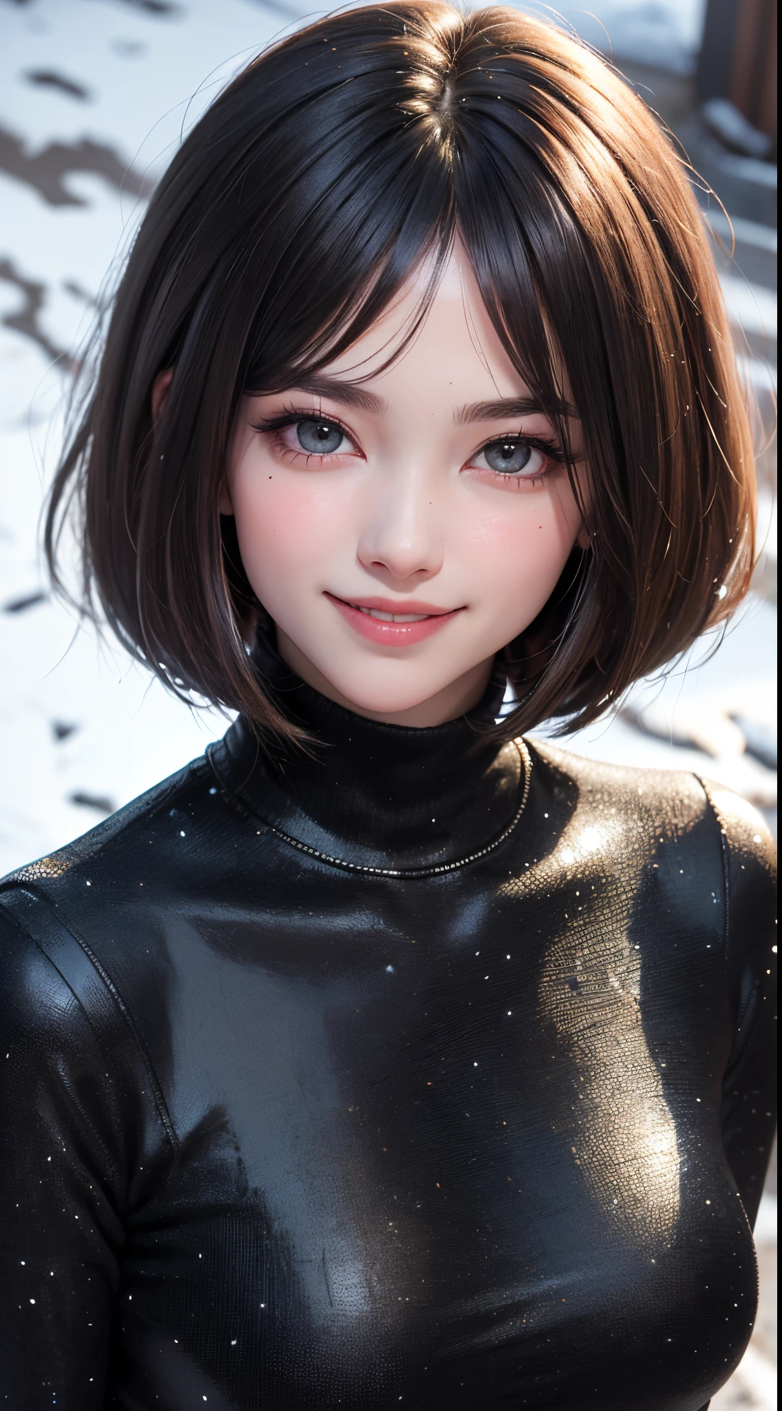 (UHD, retina, masterpiece, ccurate, anatomically correct, textured skin, super detail, high details, high quality, best quality, highres, 1080P, HD, 4K, 8k, 16k), (beautiful detailed eyes, beautiful detailed lips, extremely detailed eyes and face), studio lighting, physically-based rendering, vivid colorig tits, super big tits, super extra big , glamorous body), (white turtleneck knit), (portrait, shiny hair, shiny skin), (bokeh), (from flont, from above:1.37), (bob cut, asymmetrical hair, eye reflection:1.5), jet black hair, large eyes with a characteristic long cut, snow-like skin, pink lips, (rosy cheeks, a charming smile that captivates the onlookers, european face, jet black eyes:1.5),