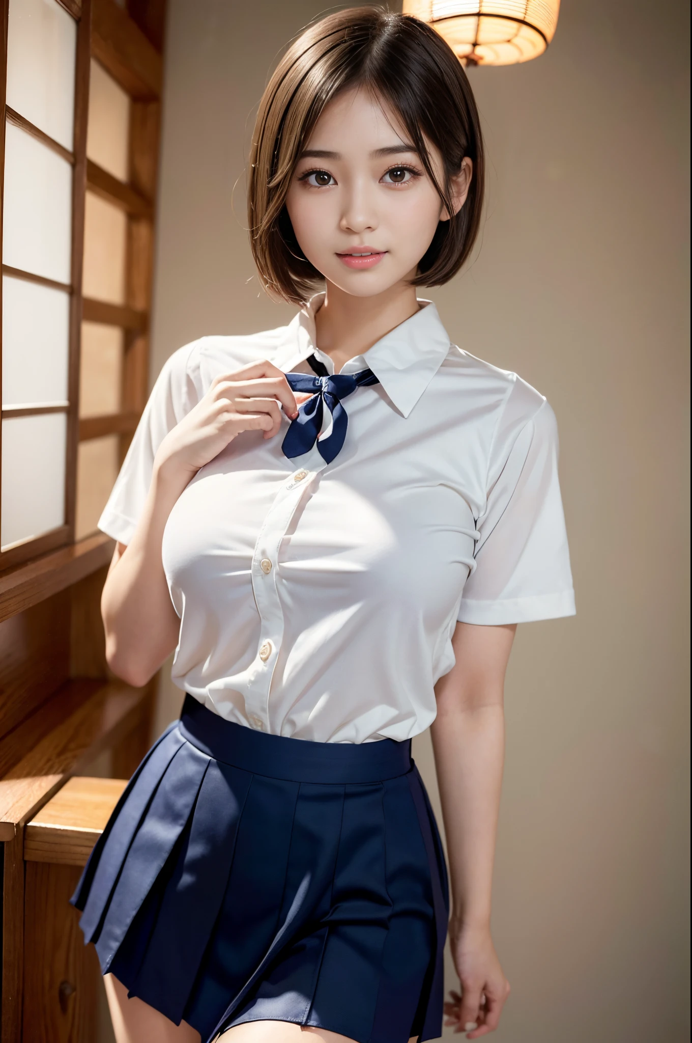 ((32K, high-detail, masterpiece, Attention to detail)),Raw photo, realistic atmosphere, ultra high definition, ray tracing, long shot, Detailed mouth, detailed fingers,Detailed eyebrows, Detailed lips, Very beautiful face,Very well-formed face, Lifelike face,shiny beautiful lips,Beautiful eyebrows,Infinite reality,((Japanese High School Girl Uniform)), Realistic Gravure Idol, (Very cute 24 years old girl), ((japanese high school girl)), Beautiful schoolgirl with a flushed face, bare-legged, (White short-sleeved button-down shirt with collar), (navy skirt), (navy tie), Beautiful kind eyes,Looking at the camera, Beautiful smooth legs,(Exposed thighs), smile, pendulous boobs, saggy breasts, short cut hair, front view, upper body, (thigh emphasis), Bedroom