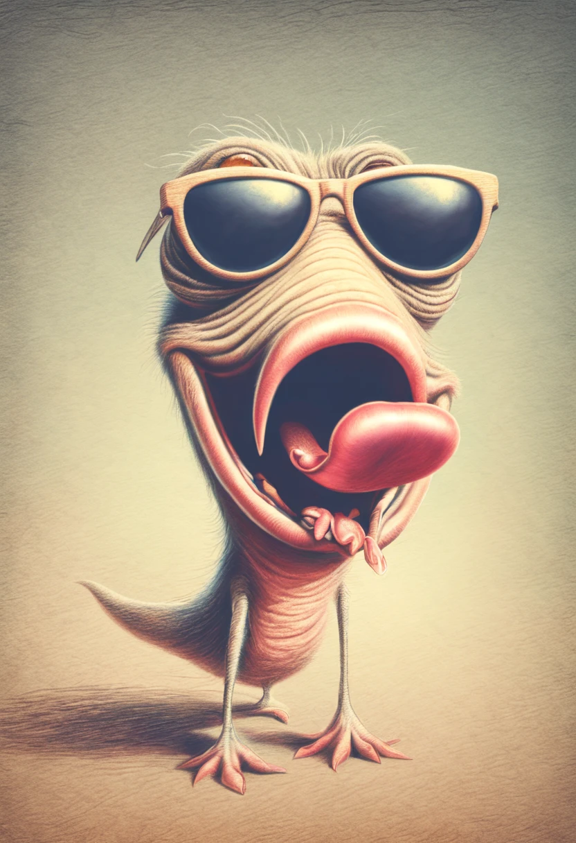 funny shorty in sunglasses shows tongue, caricatured creature,
by pencil sketch drawing, texture, soft colors, short focus, vanishing point,
vignetting, light in contrast, 16k, hdr