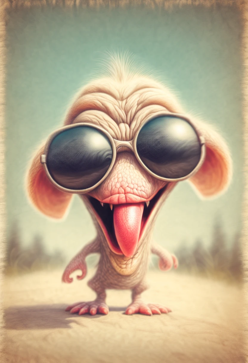 funny shorty in sunglasses shows tongue, caricatured creature,
by pencil sketch drawing, texture, soft colors, short focus, vanishing point,
vignetting, light in contrast, 16k, hdr