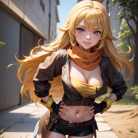 (masterpiece, best quality:1.2), cowboy shot, solo, 1girl, yang xiao long, grin, hand on hip, ahoge, purple eyes, brown jacket, ...