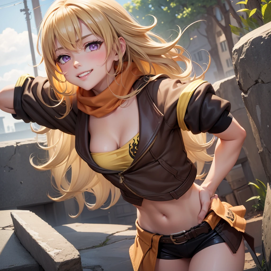 (masterpiece, best quality:1.2), cowboy shot, solo, 1girl, yang xiao long, grin, hand on hip, ahoge, purple eyes, brown jacket, yellow tube top, black shorts, black fingerless gloves, orange scarf, waist cape, midriff, cleavage, large breasts, country lane