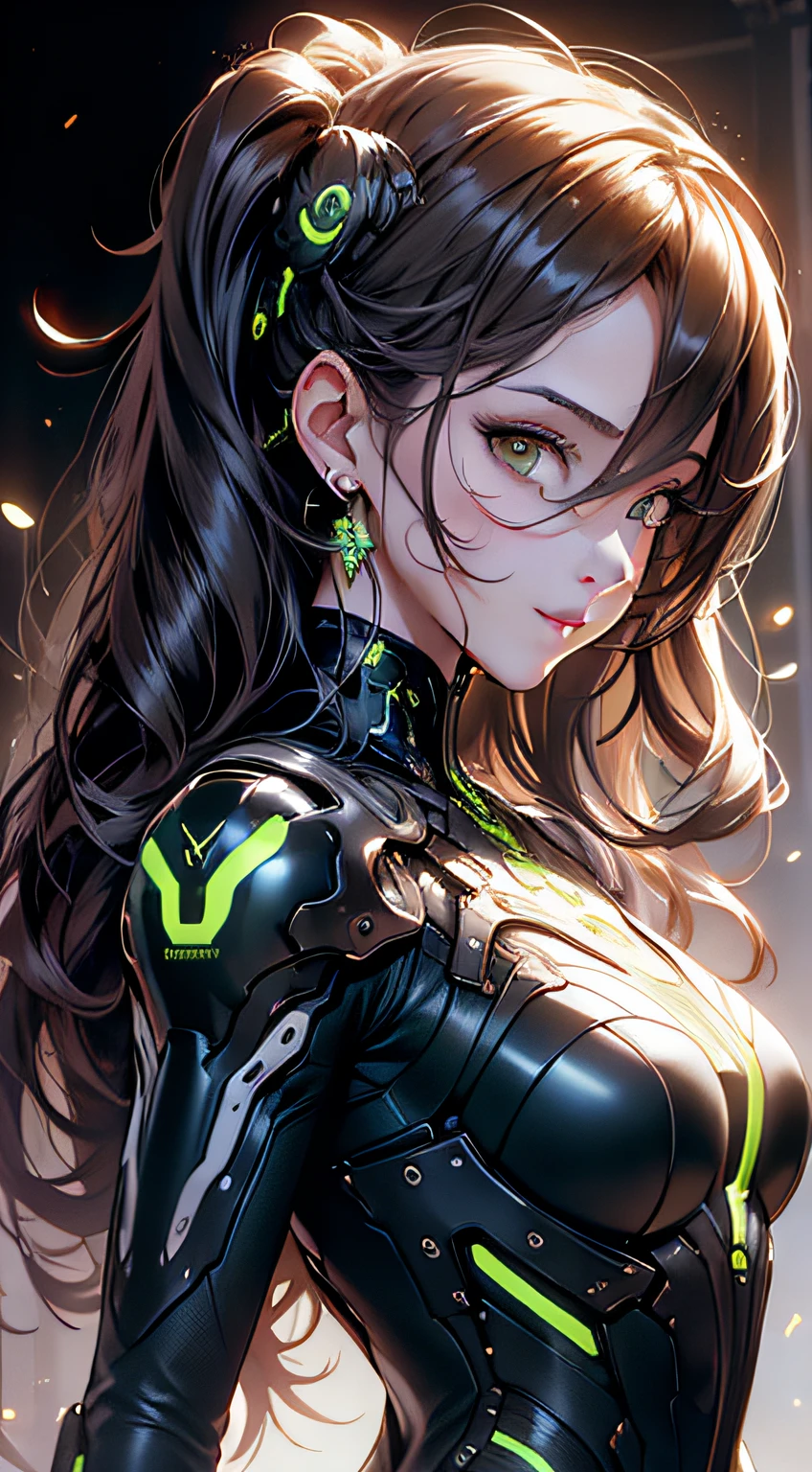 masterpiece, The best quality, beautiful detailed hair detailed face, perfect female face, (happy:1.2), cyberskull mask, (Close-up of Potrait:1.2), facial focus, a beautiful and cute warframe woman and shiny black hair, red neon lighting, (sci-fi cyberpunk bodysuit), (Heavy armor), only, 1girl, Ahoge, Side hair, Very long hair, shiny skin, bright fronts, Lens flare, sharp focus, volumetric illumination, trends on Artstation, pixiv, by sakimichan, George Kamitani, akira yasuda, Alphonse Mucha, Greg Rutkowski, Gil Elvgren, William-Adolphe Bouguereau