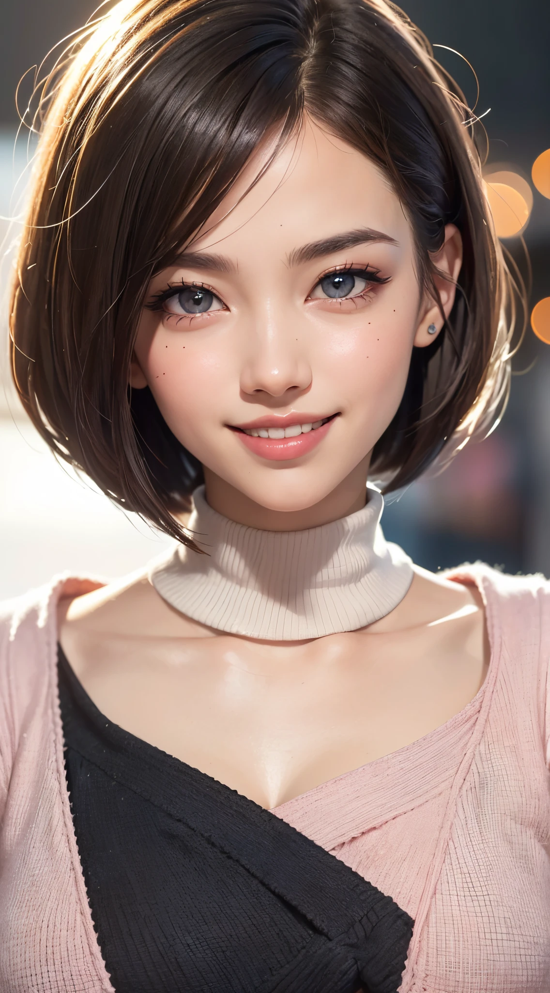 (UHD, retina, masterpiece, ccurate, anatomically correct, textured skin, super detail, high details, high quality, best quality, highres, 1080P, HD, 4K, 8k, 16k), (beautiful detailed eyes, beautiful detailed lips, extremely detailed eyes and face), studio lighting, physically-based rendering, vivid colorig tits, super big tits, super extra big tits, glamorous body), (white turtleneck knit), (portrait, shiny hair, shiny skin), (bokeh), (from flont:1.5), (bob cut, asymmetrical hair, eye reflection:1.5), jet black hair, large eyes with a characteristic long cut, snow-like skin, pink lips, (rosy cheeks, a charming smile that captivates the onlookers, european face:1.5), dark brown eyes,