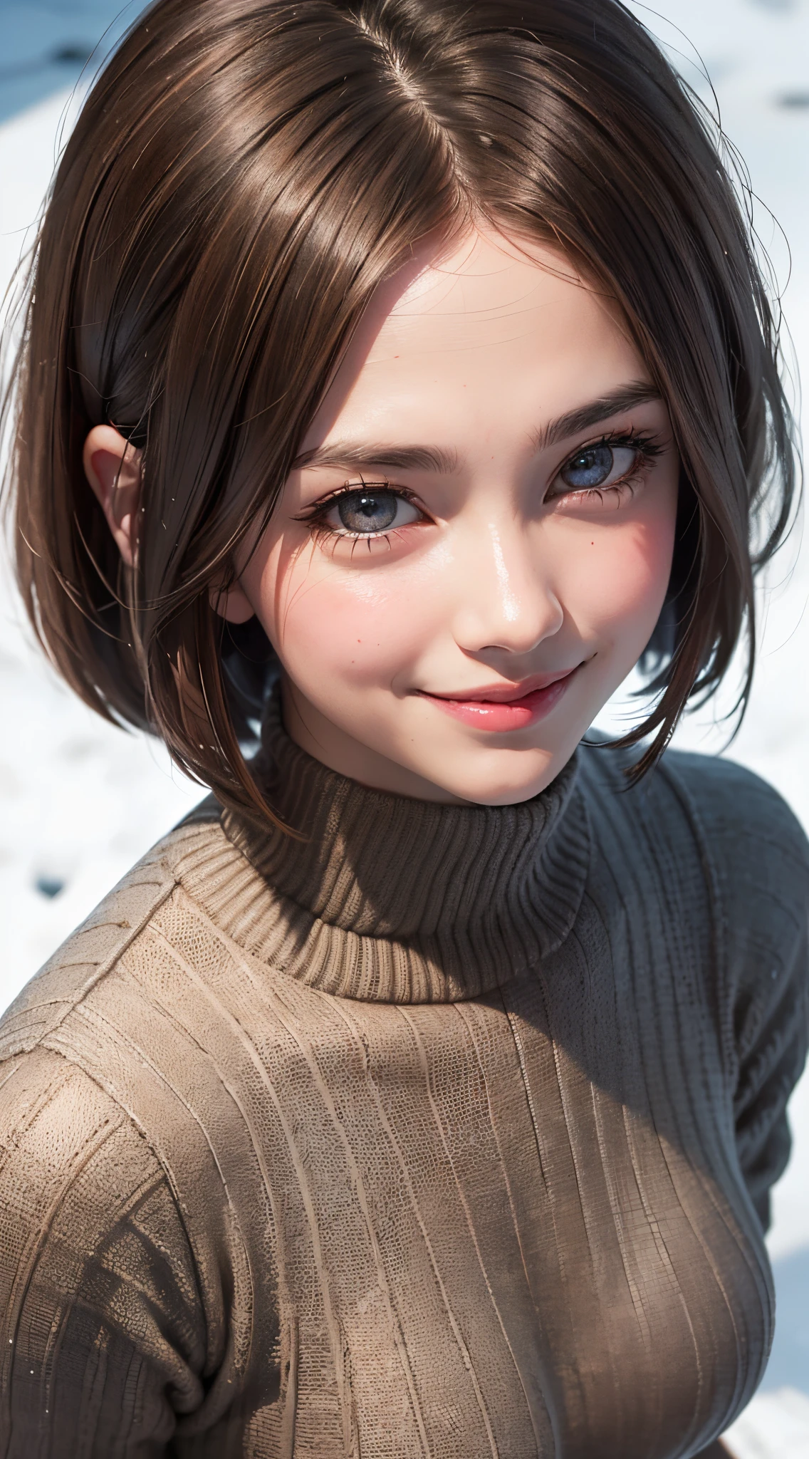 (UHD, retina, masterpiece, ccurate, anatomically correct, textured skin, super detail, high details, high quality, best quality, highres, 1080P, HD, 4K, 8k, 16k), (beautiful detailed eyes, beautiful detailed lips, extremely detailed eyes and face), studio lighting, physically-based rendering, vivid colorig tits, super big tits, super extra big tits, glamorous body), (white turtleneck knit), (portrait, shiny hair, shiny skin), (bokeh), (from flont, from above:1.37), (bob cut, asymmetrical hair, eye reflection:1.5), jet black hair, large eyes with a characteristic long cut, snow-like skin, pink lips, (rosy cheeks, a charming smile that captivates the onlookers, european face, dark brown eyes:1.5),